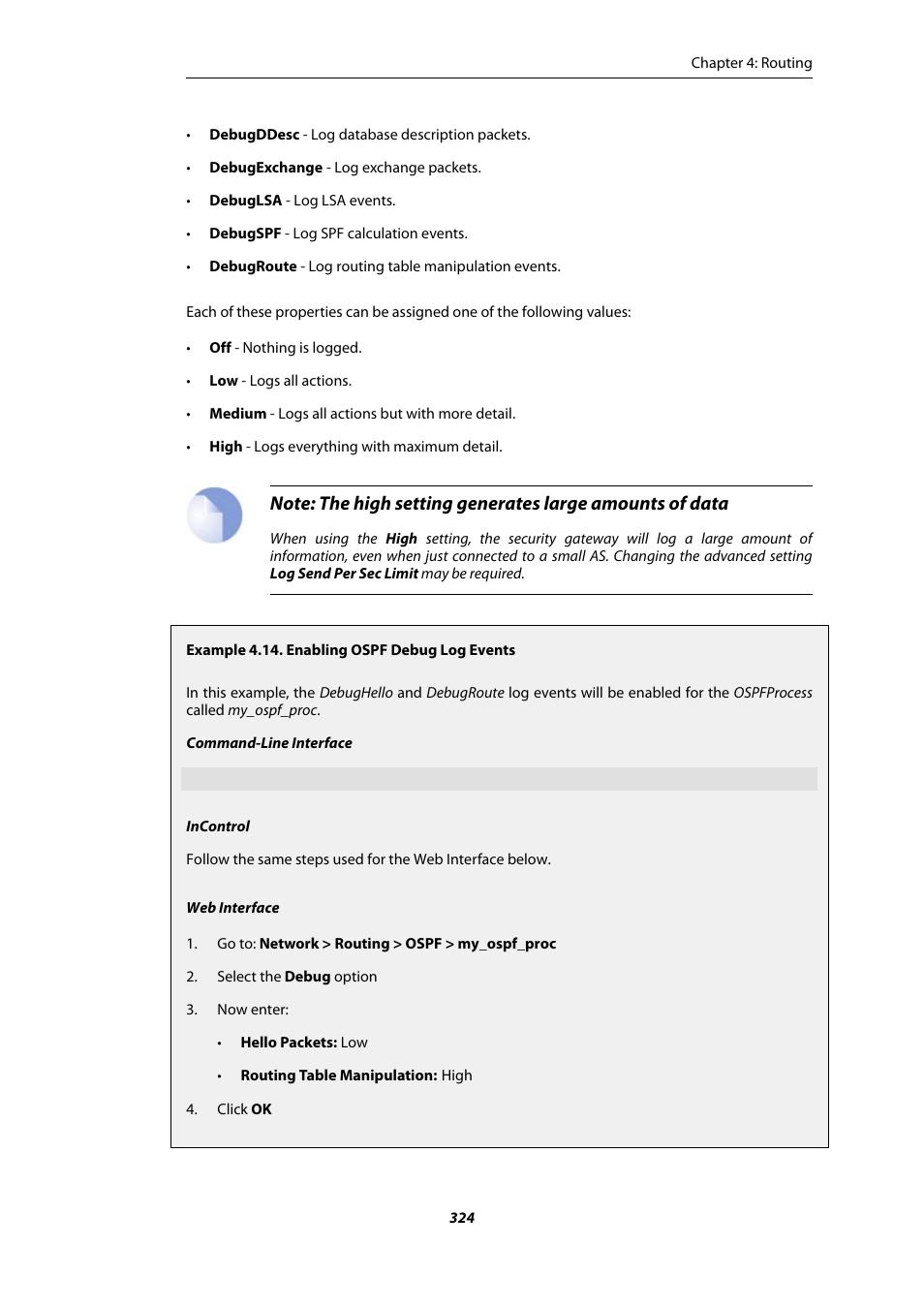 Enabling ospf debug log events | Amer Networks E5Web GUI User Manual | Page 324 / 777