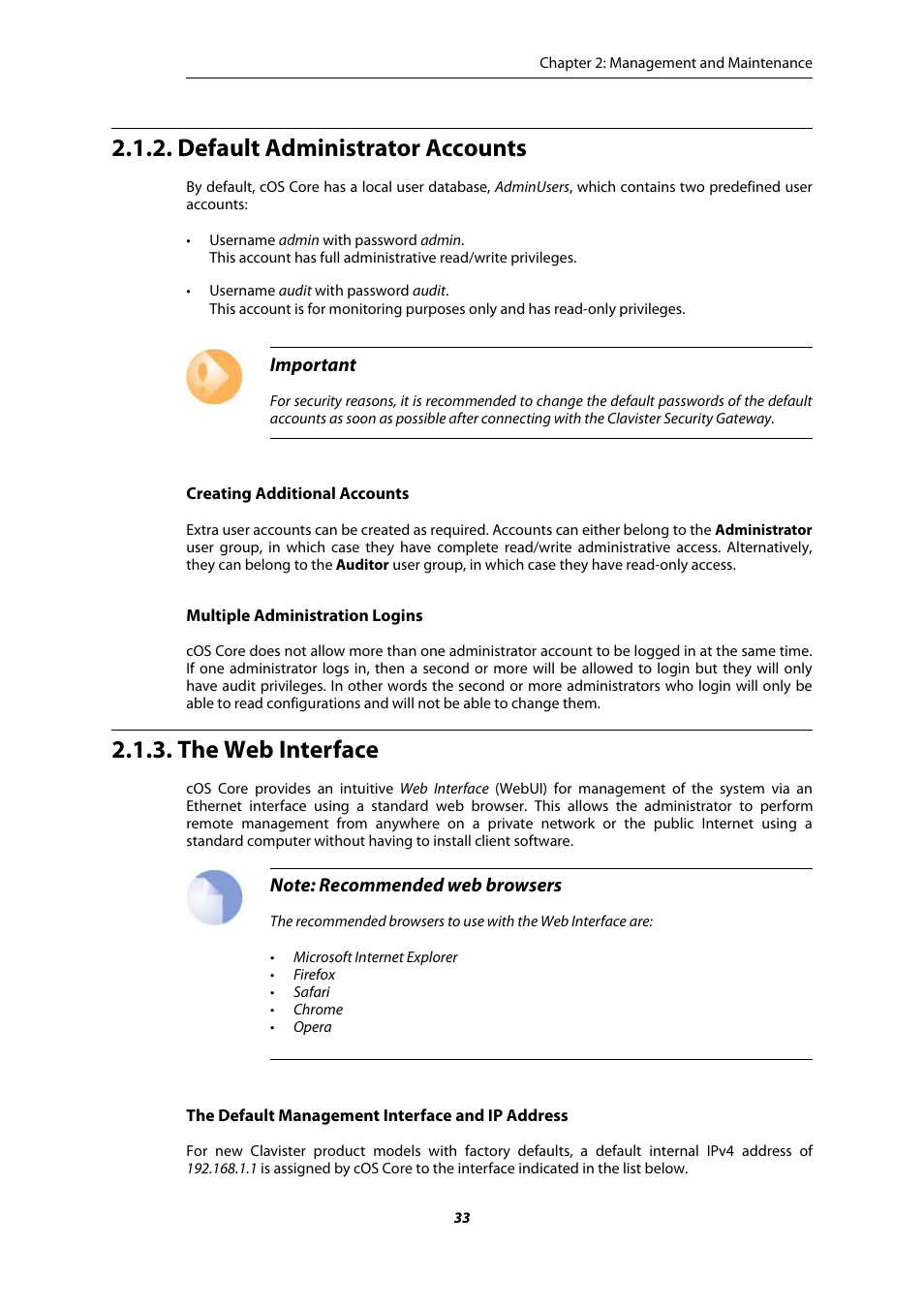 Default administrator accounts, The web interface, Section 2.1.3, “the web interface | Amer Networks E5Web GUI User Manual | Page 33 / 777