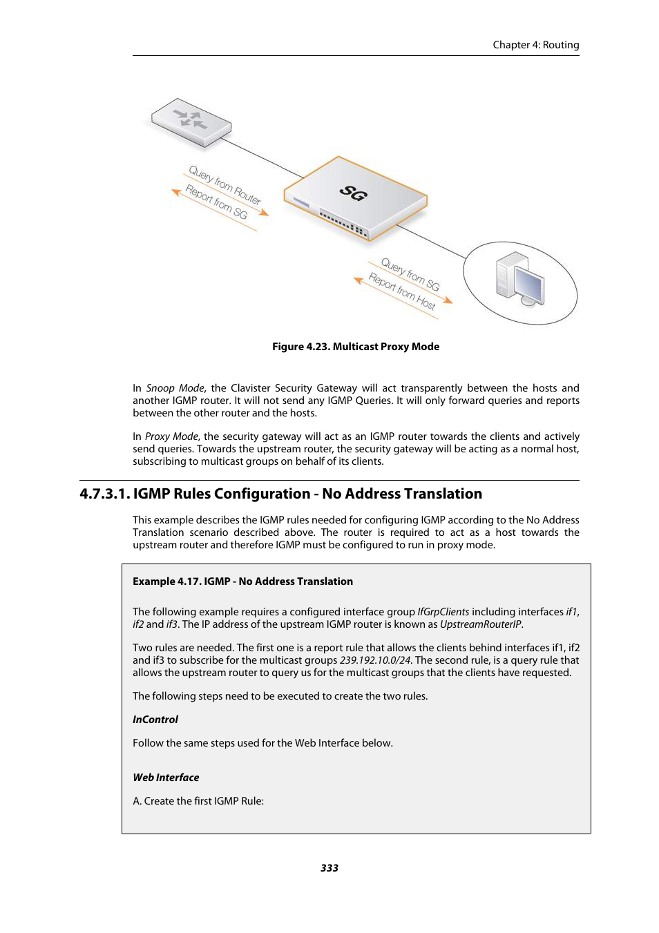 Igmp rules configuration - no address translation, Multicast proxy mode, Igmp - no address translation | Amer Networks E5Web GUI User Manual | Page 333 / 777