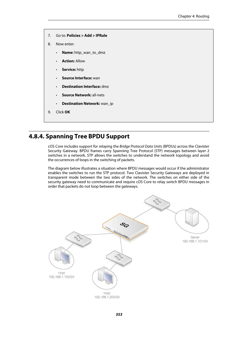 Spanning tree bpdu support, An example bpdu relaying scenario | Amer Networks E5Web GUI User Manual | Page 353 / 777