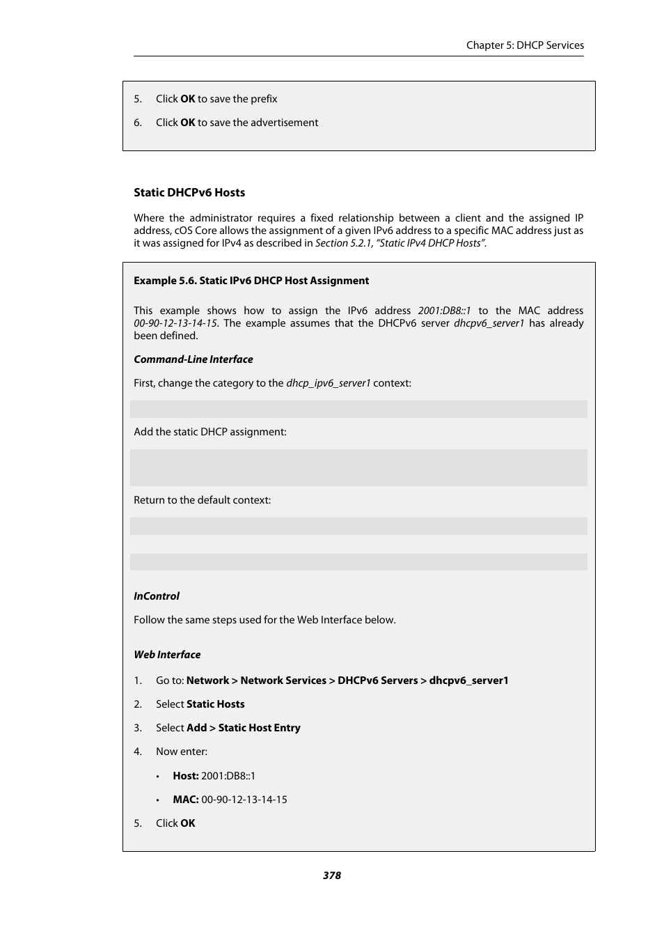 Static ipv6 dhcp host assignment | Amer Networks E5Web GUI User Manual | Page 378 / 777