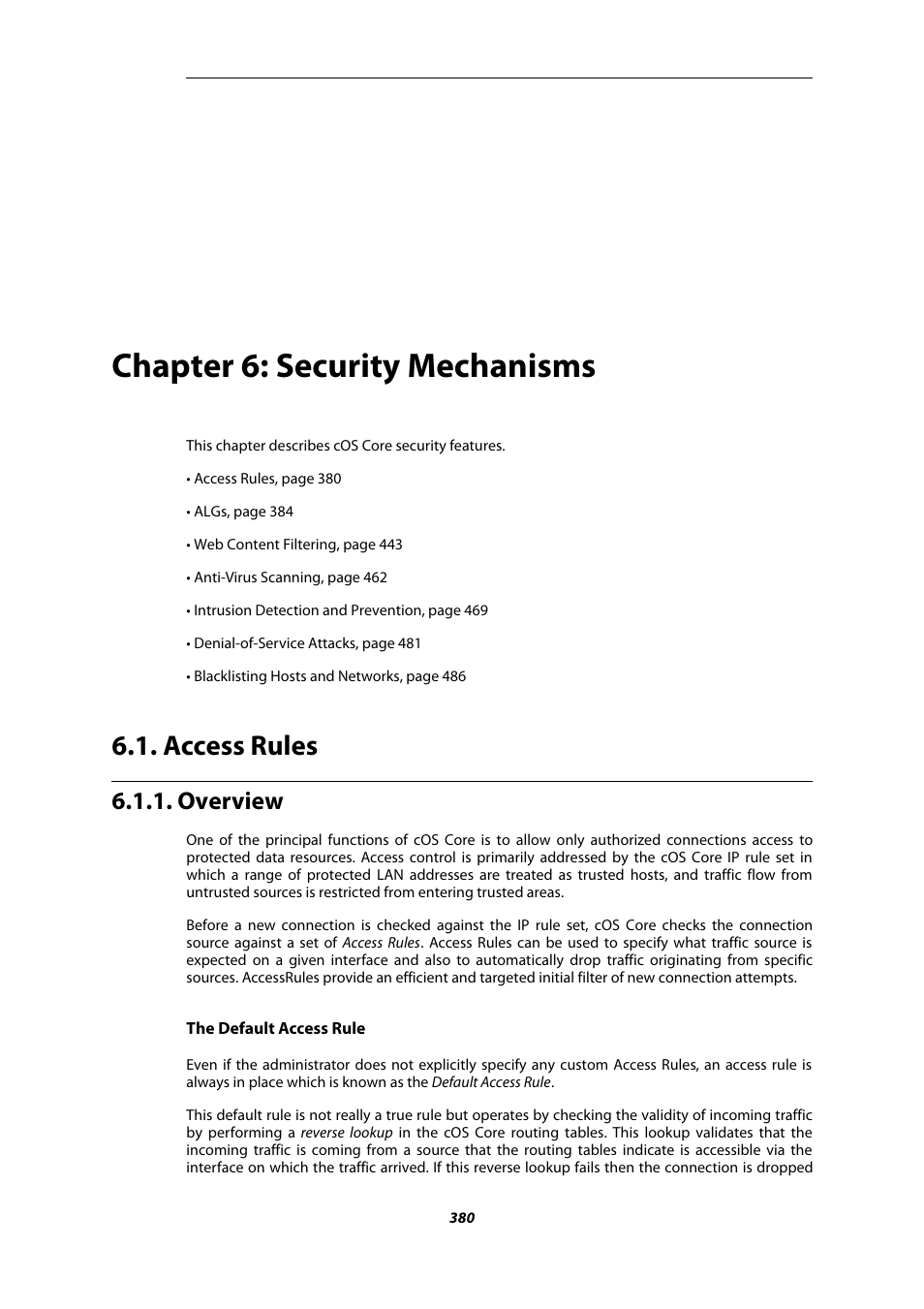 Chapter 6: security mechanisms, Access rules, Overview | Security mechanisms | Amer Networks E5Web GUI User Manual | Page 380 / 777