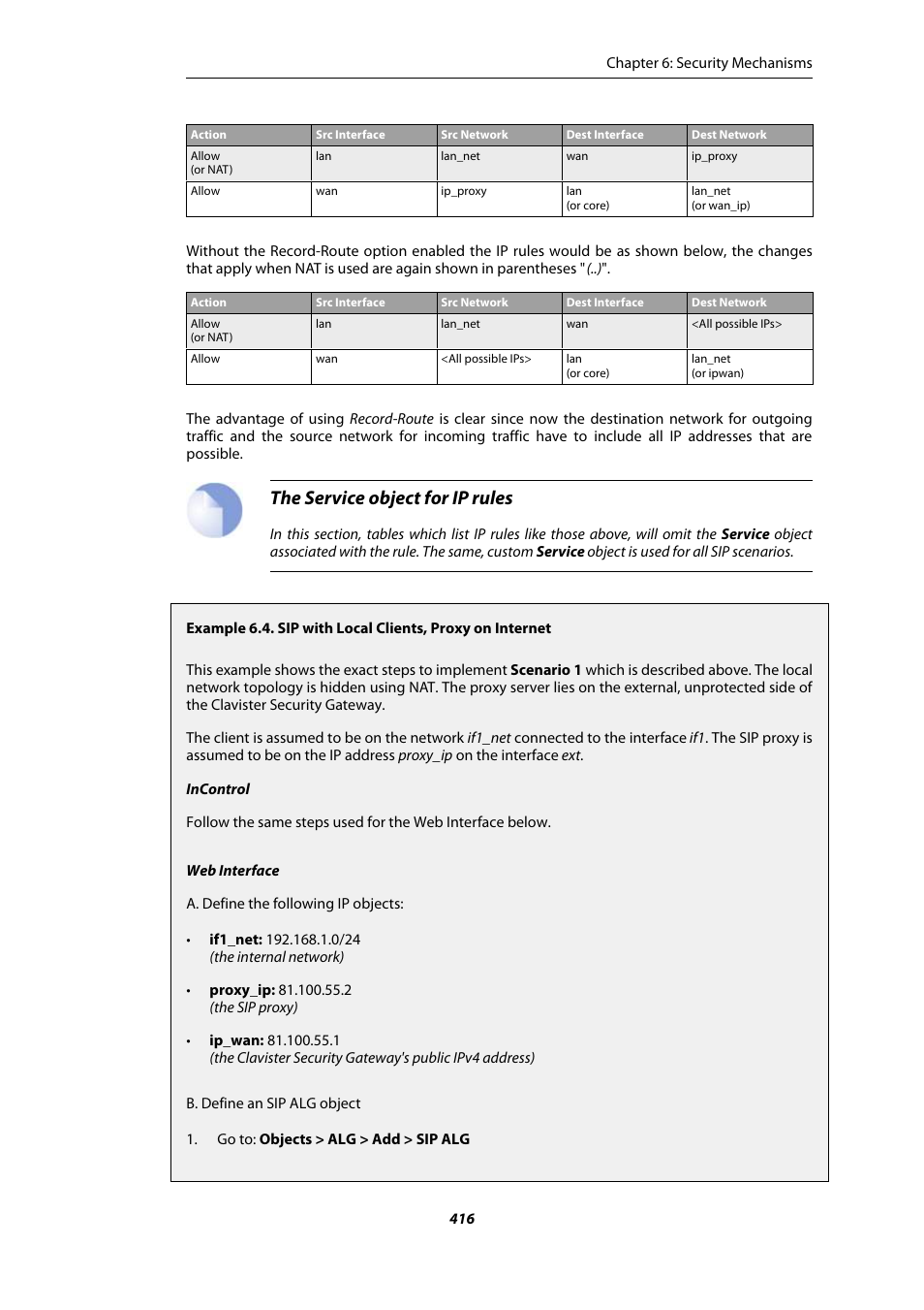 Sip with local clients, proxy on internet, The service object for ip rules | Amer Networks E5Web GUI User Manual | Page 416 / 777
