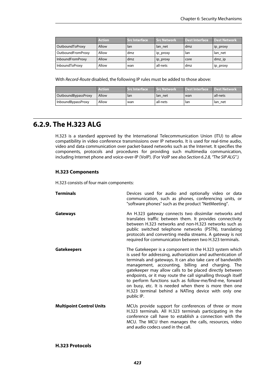 The h.323 alg, H.323 components, H.323 protocols | Amer Networks E5Web GUI User Manual | Page 423 / 777