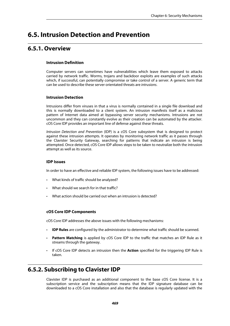 Intrusion detection and prevention, Overview, Subscribing to clavister idp | Tion 6.5, “intrusion detection and prevention, Section 6.5, “intrusion detection and prevention | Amer Networks E5Web GUI User Manual | Page 469 / 777