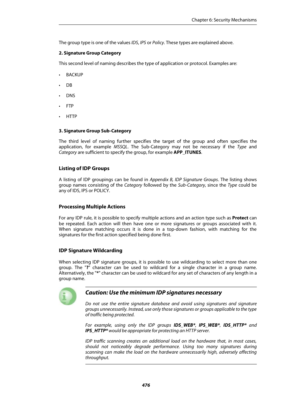 Caution: use the minimum idp signatures necessary | Amer Networks E5Web GUI User Manual | Page 476 / 777