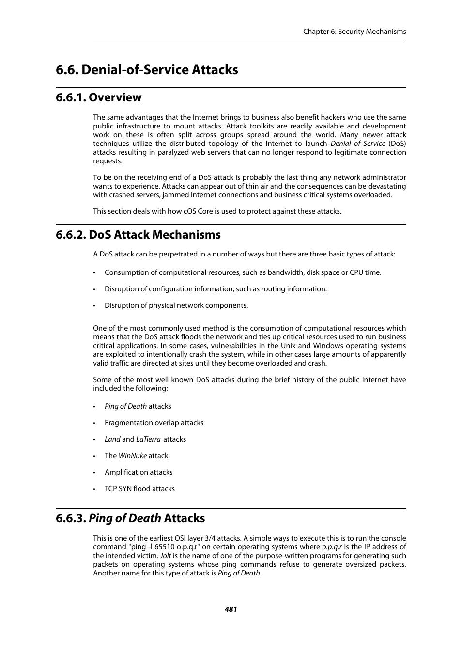 Denial-of-service attacks, Overview, Dos attack mechanisms | Ping of death attacks | Amer Networks E5Web GUI User Manual | Page 481 / 777