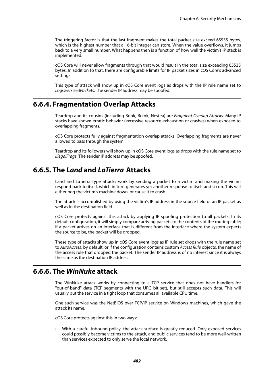 Fragmentation overlap attacks, The land and latierra attacks, The winnuke attack | Amer Networks E5Web GUI User Manual | Page 482 / 777