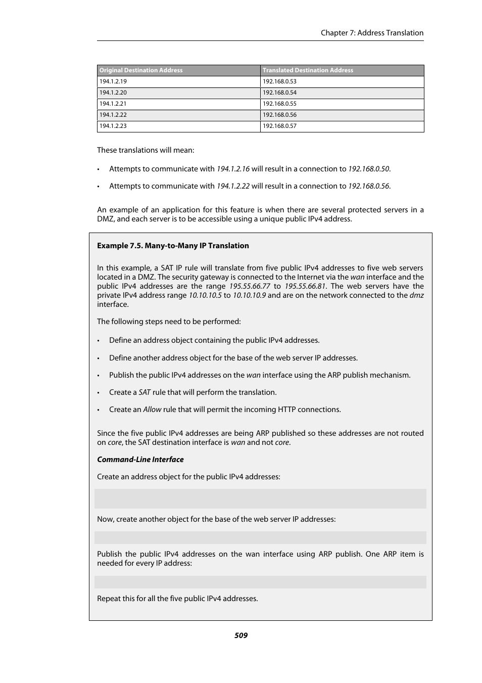 Many-to-many ip translation | Amer Networks E5Web GUI User Manual | Page 509 / 777