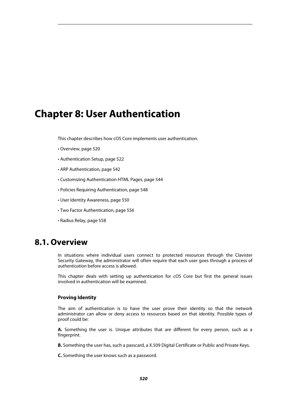 Chapter 8: user authentication, Overview, User authentication | Chapter 8, user authentication | Amer Networks E5Web GUI User Manual | Page 520 / 777