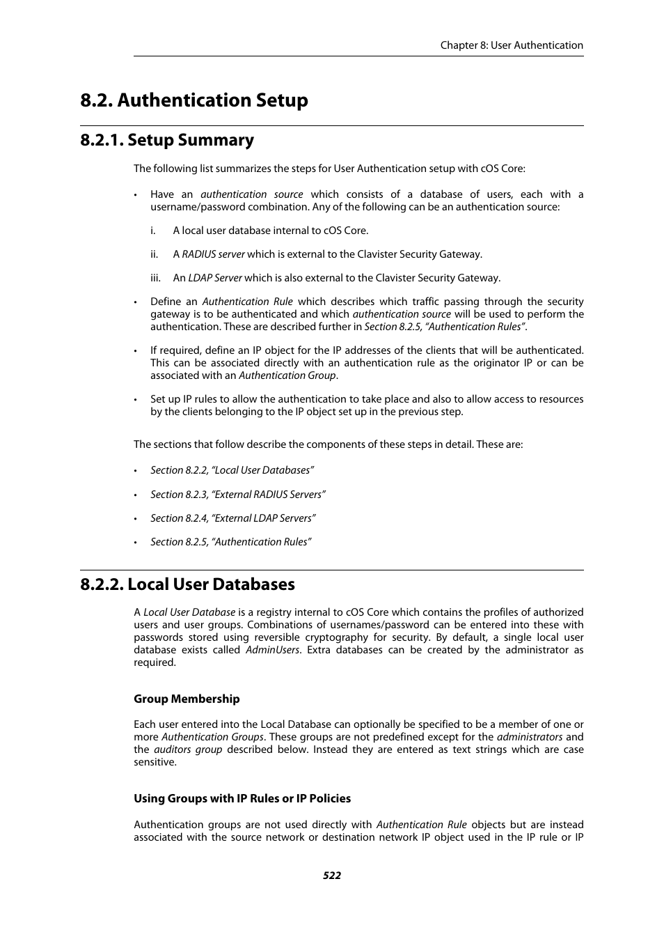 Authentication setup, Setup summary, Local user databases | Amer Networks E5Web GUI User Manual | Page 522 / 777