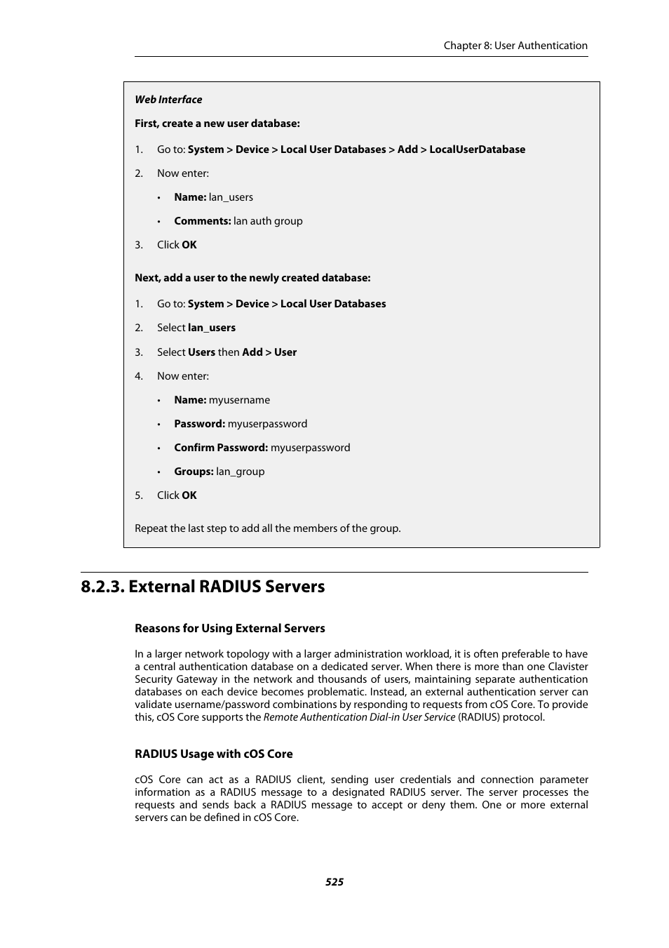 External radius servers, Section 8.2.3, “external radius servers | Amer Networks E5Web GUI User Manual | Page 525 / 777