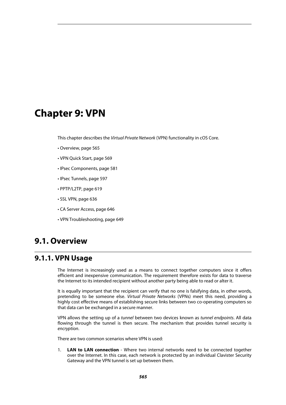 Chapter 9: vpn, Overview, Vpn usage | Chapter 9, vpn | Amer Networks E5Web GUI User Manual | Page 565 / 777