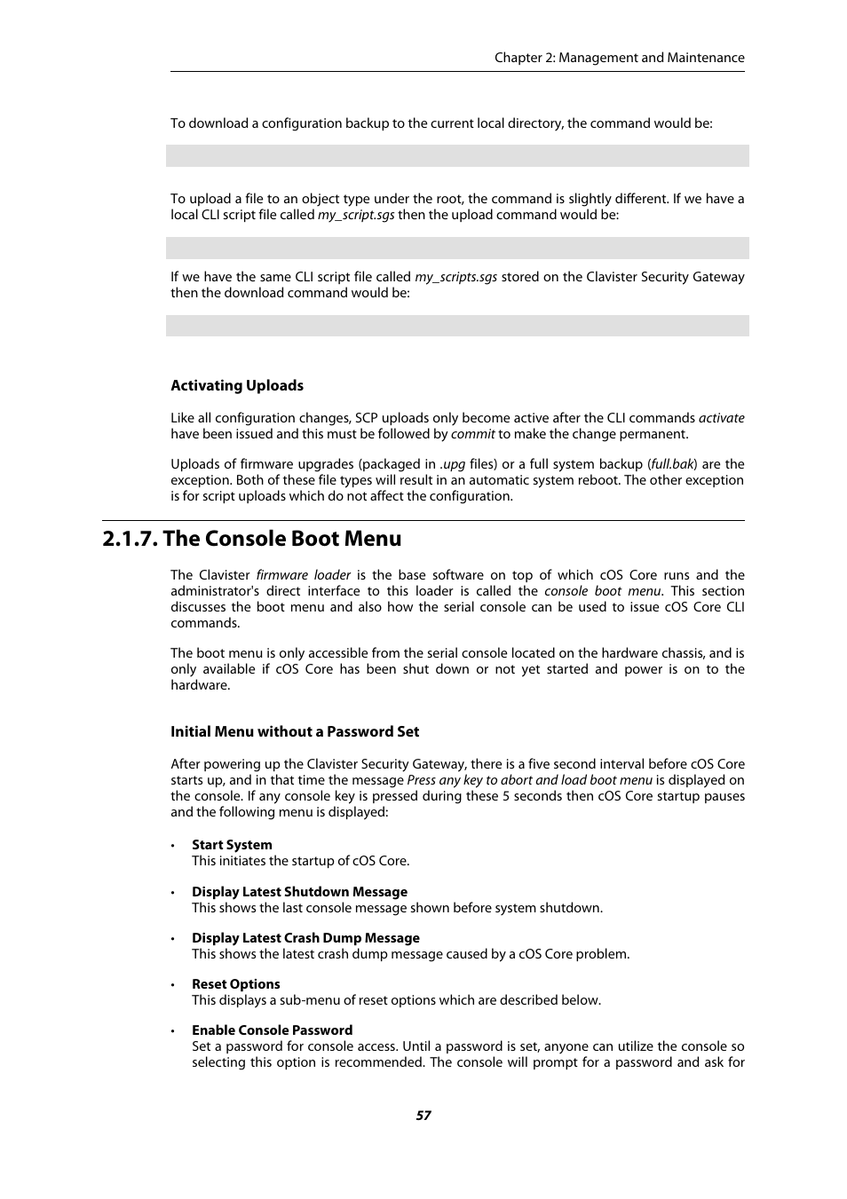 The console boot menu, Tion 2.1.7, “the console boot menu | Amer Networks E5Web GUI User Manual | Page 57 / 777