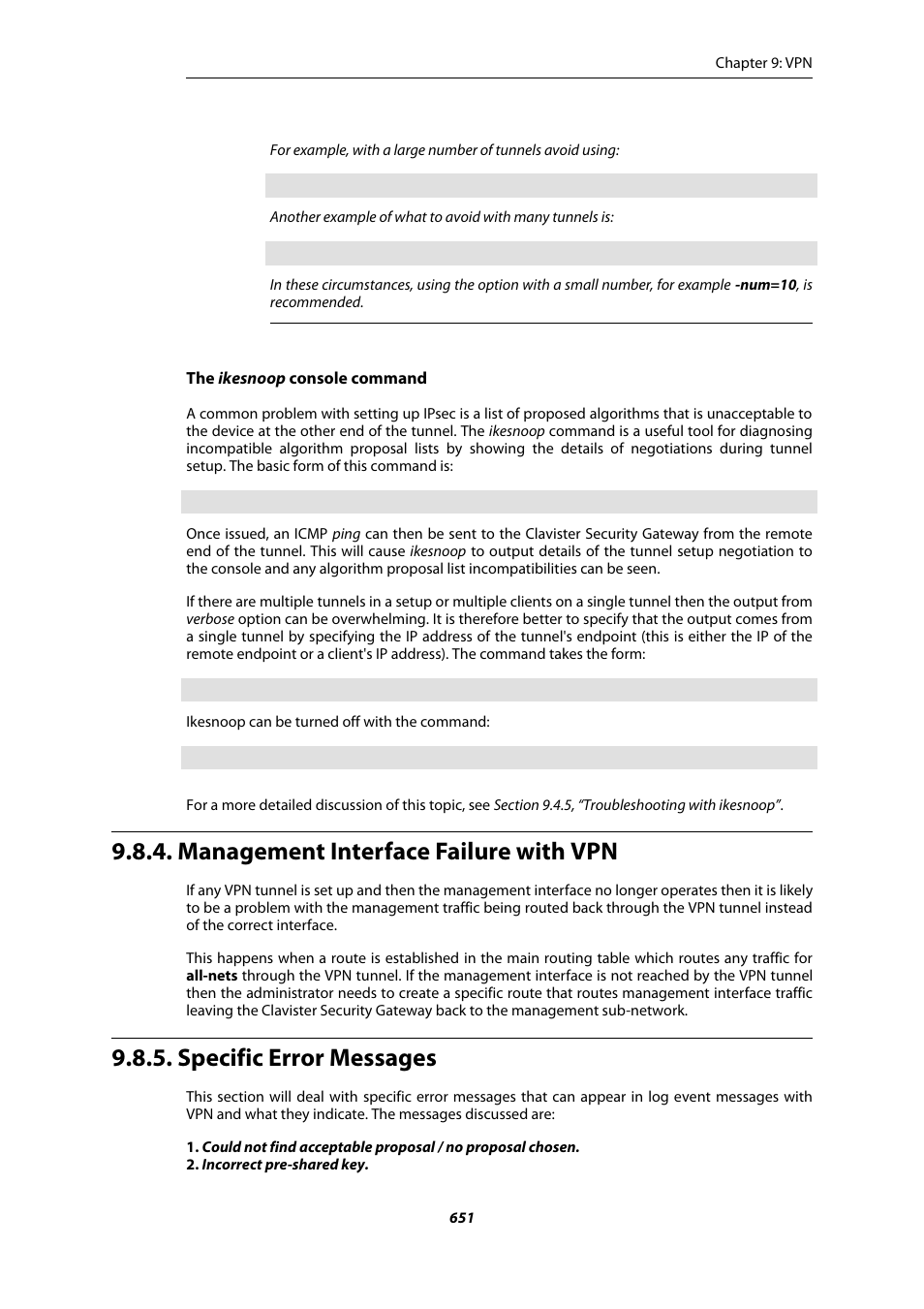 Management interface failure with vpn, Specific error messages | Amer Networks E5Web GUI User Manual | Page 651 / 777