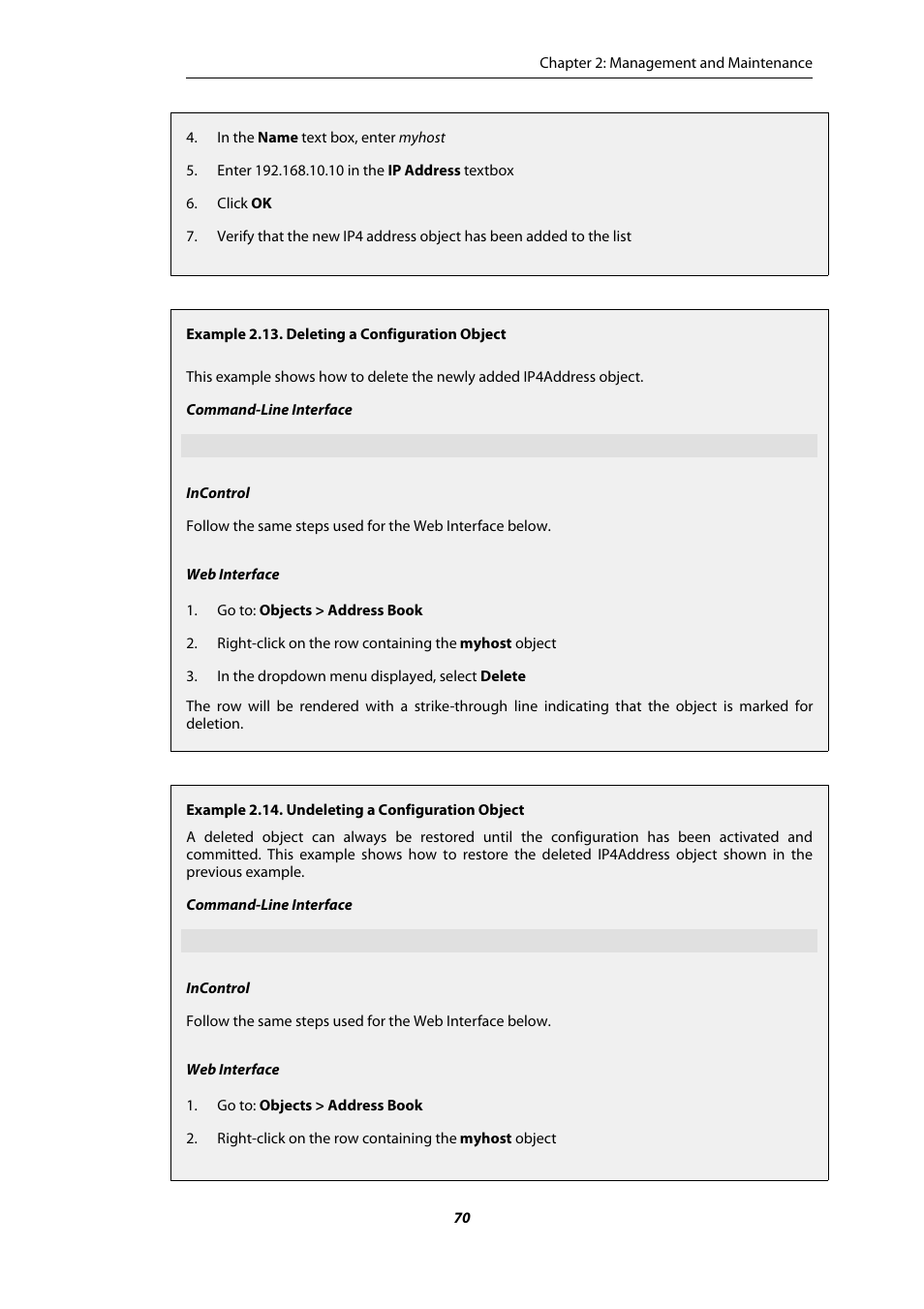 Deleting a configuration object, Undeleting a configuration object | Amer Networks E5Web GUI User Manual | Page 70 / 777