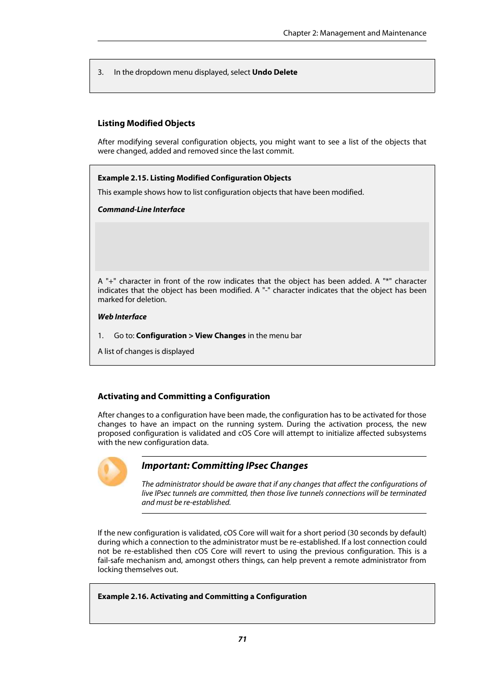 Listing modified configuration objects, Activating and committing a configuration, Important: committing ipsec changes | Amer Networks E5Web GUI User Manual | Page 71 / 777