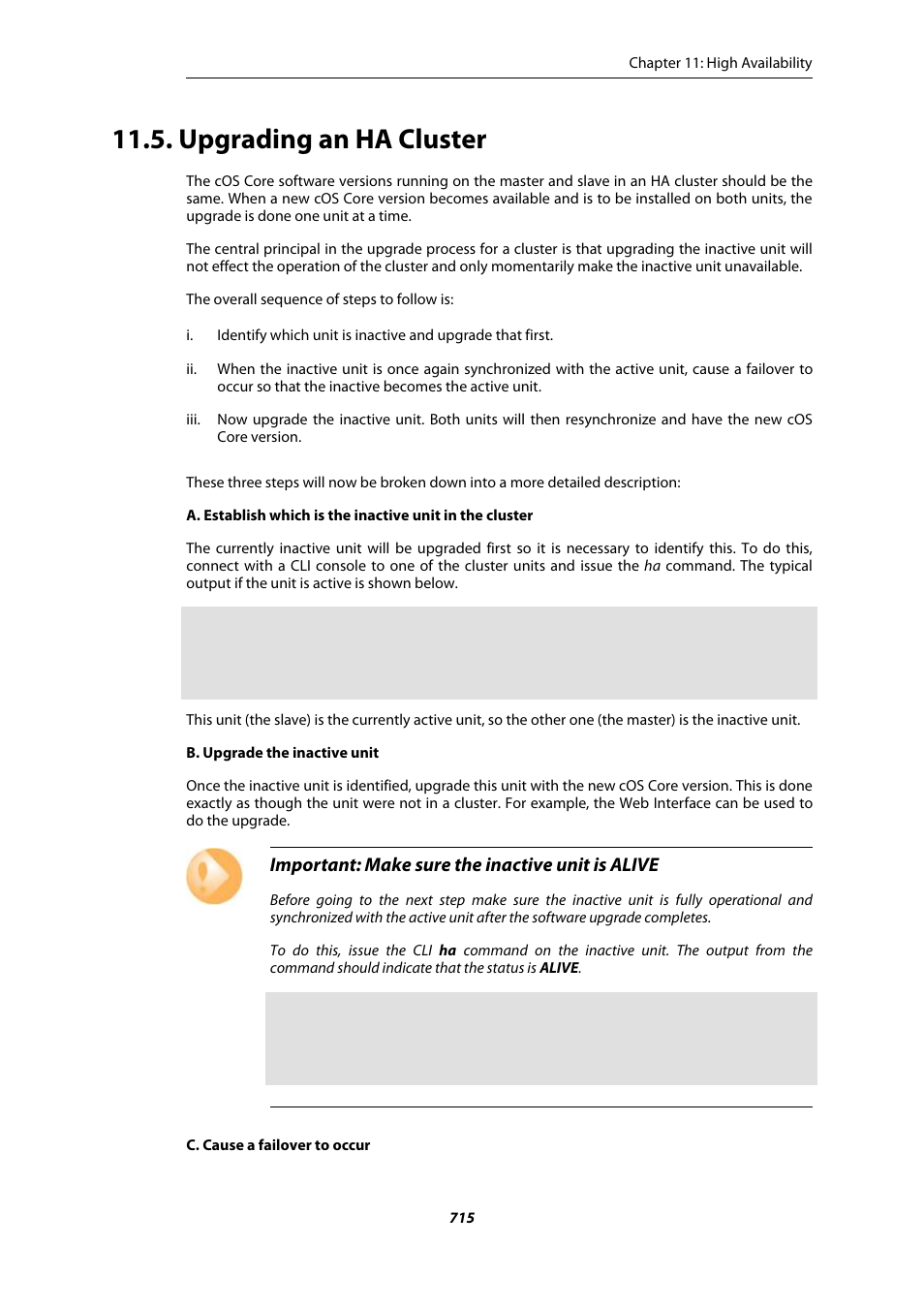 Upgrading an ha cluster, Important: make sure the inactive unit is alive | Amer Networks E5Web GUI User Manual | Page 715 / 777