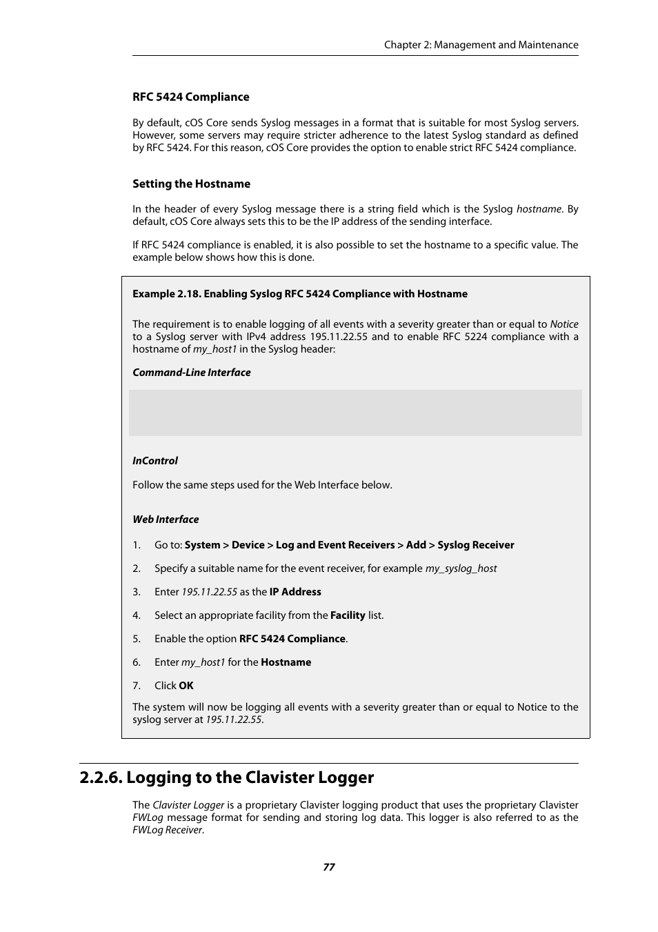 Logging to the clavister logger, Enabling syslog rfc 5424 compliance with hostname | Amer Networks E5Web GUI User Manual | Page 77 / 777