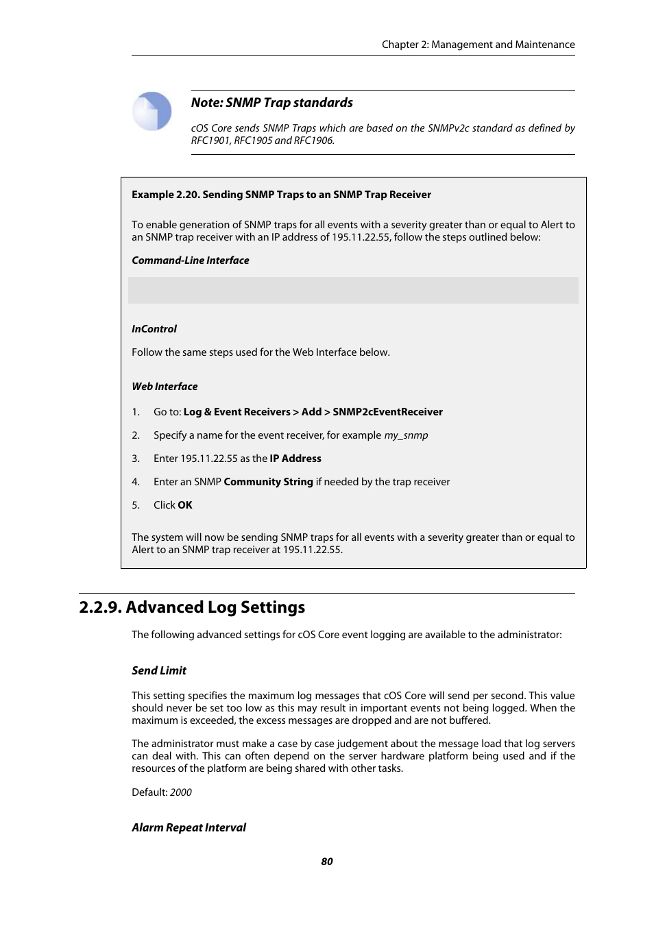 Advanced log settings, Sending snmp traps to an snmp trap receiver | Amer Networks E5Web GUI User Manual | Page 80 / 777