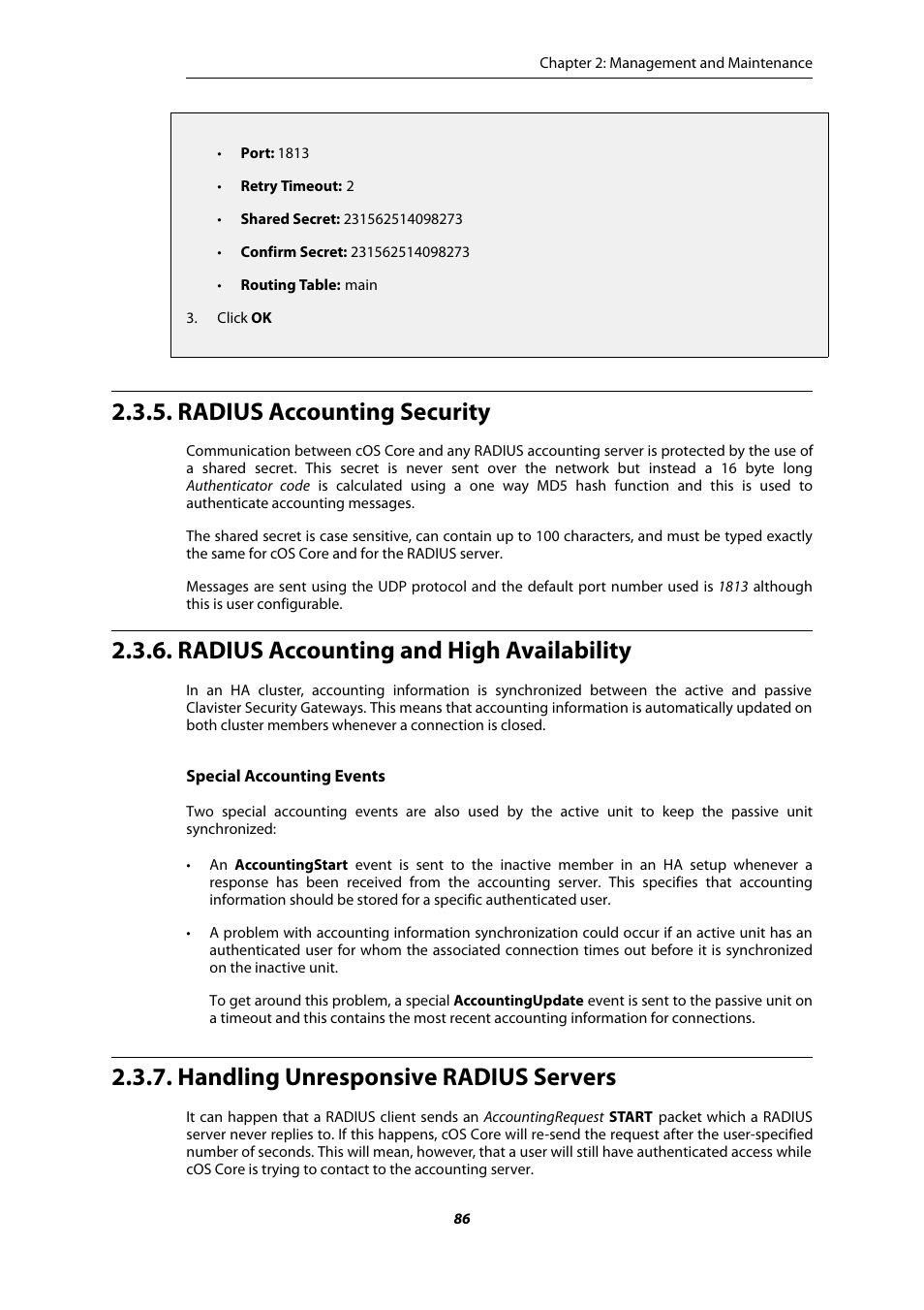 Radius accounting security, Radius accounting and high availability, Handling unresponsive radius servers | Amer Networks E5Web GUI User Manual | Page 86 / 777