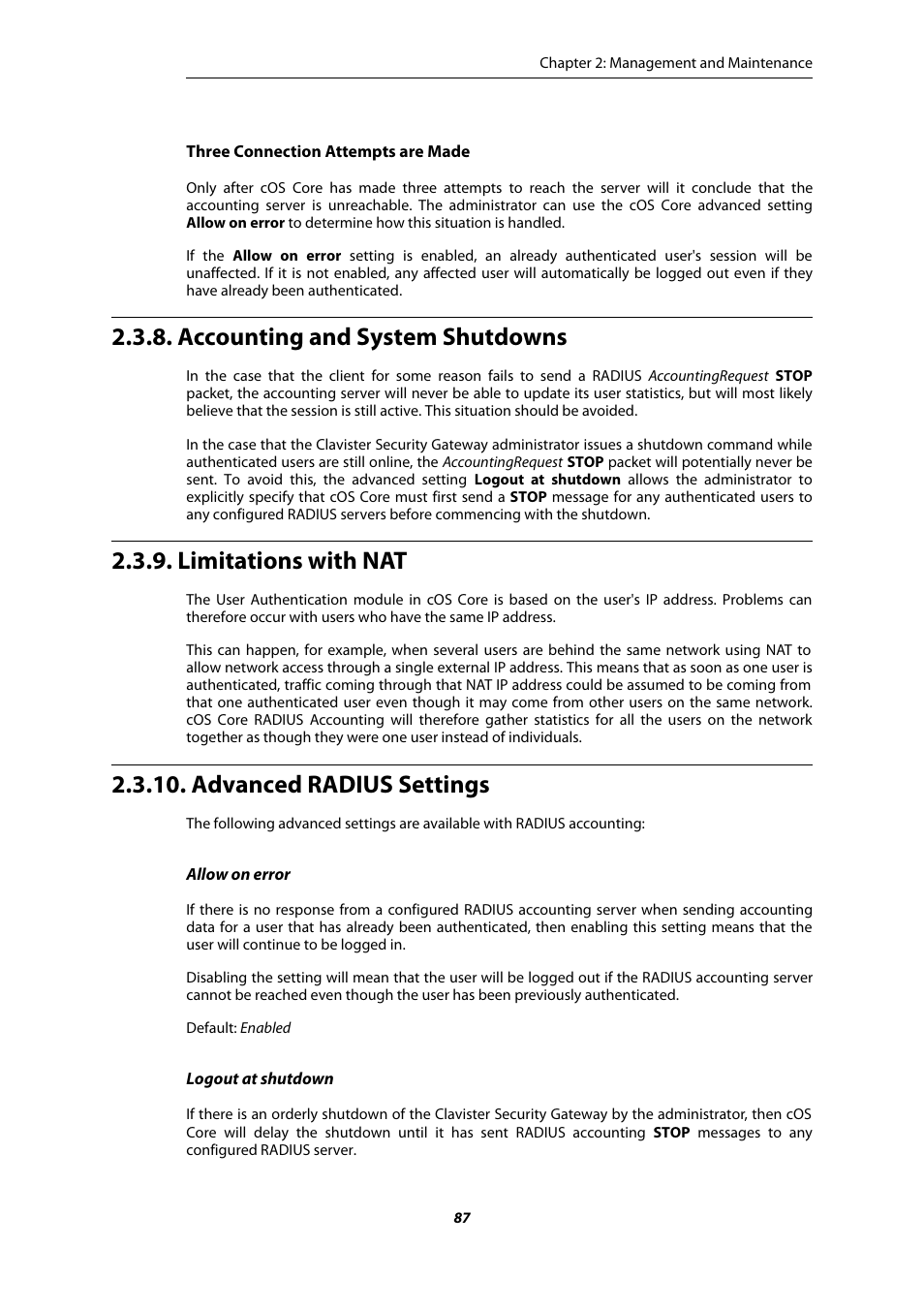 Accounting and system shutdowns, Limitations with nat, Advanced radius settings | Amer Networks E5Web GUI User Manual | Page 87 / 777