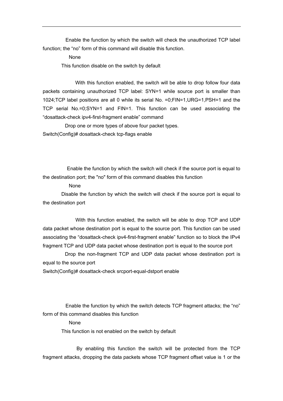 4 dosattack-check srcport-equal-dstport enable, 5 dosattack-check tcp-fragment enable | Accton Technology ES4626 User Manual | Page 106 / 853