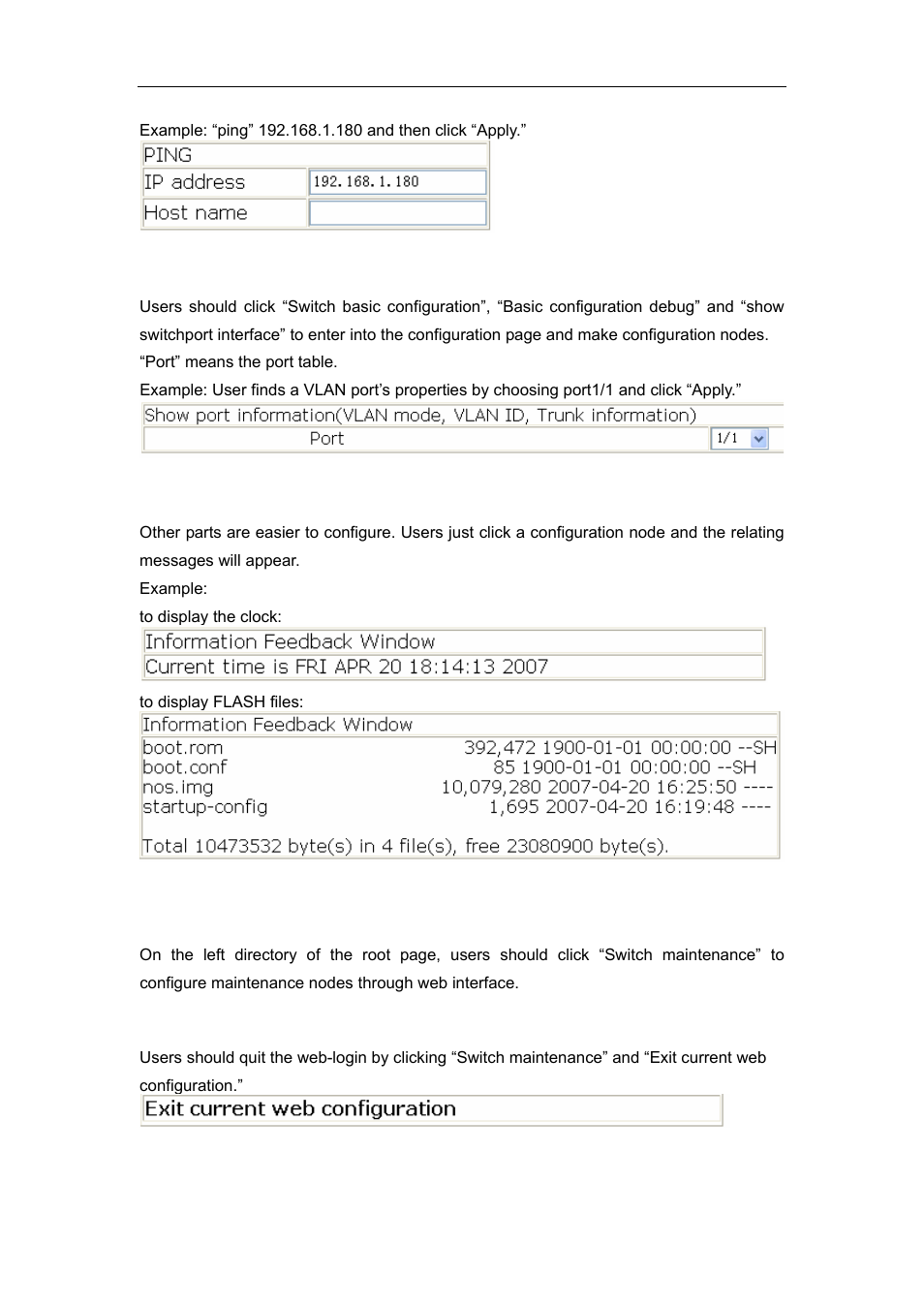 2 show vlan port property, 3 others, 5 switch maintenance | 1 exit current web configuration, 2 save current running-config | Accton Technology ES4626 User Manual | Page 128 / 853