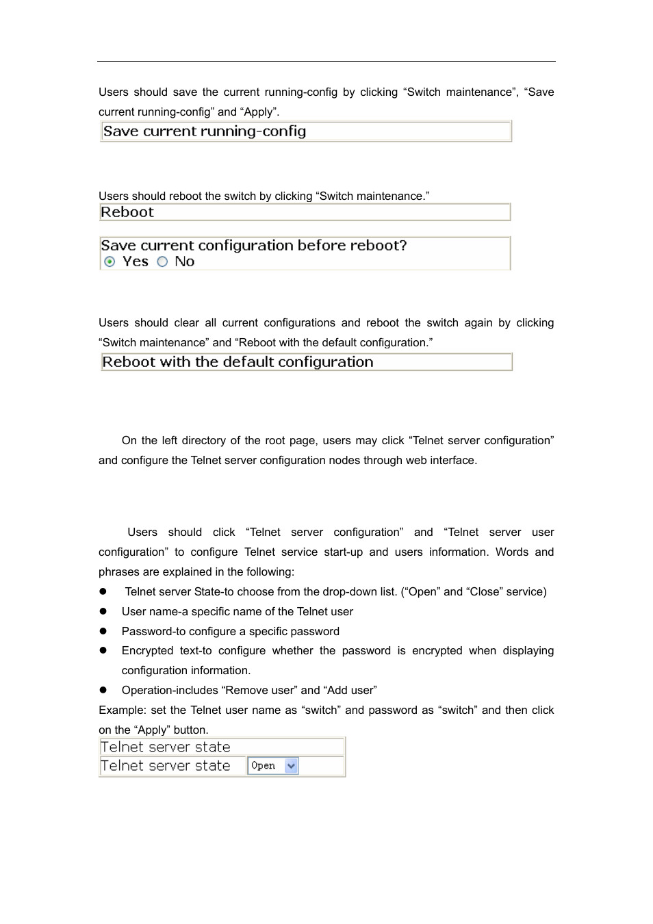 3 reboot, 4 reboot with the default configuration, 6 telnet server configuration | 7 telnet server user configuration, 8 telnet security ip | Accton Technology ES4626 User Manual | Page 129 / 853