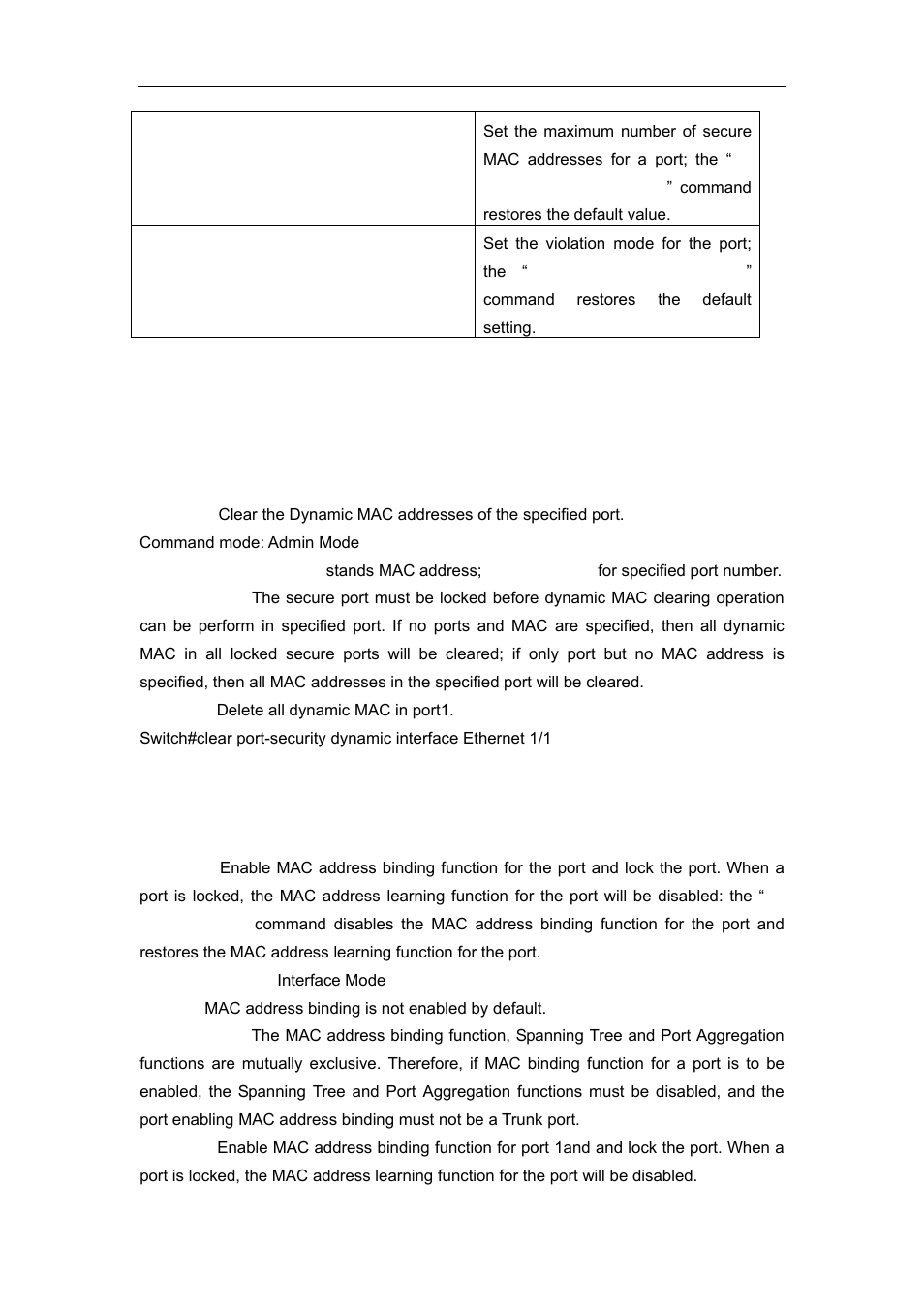 3 commands for mac address binding configuration, 1 clear port-security dynamic, 2 port-security | Accton Technology ES4626 User Manual | Page 213 / 853