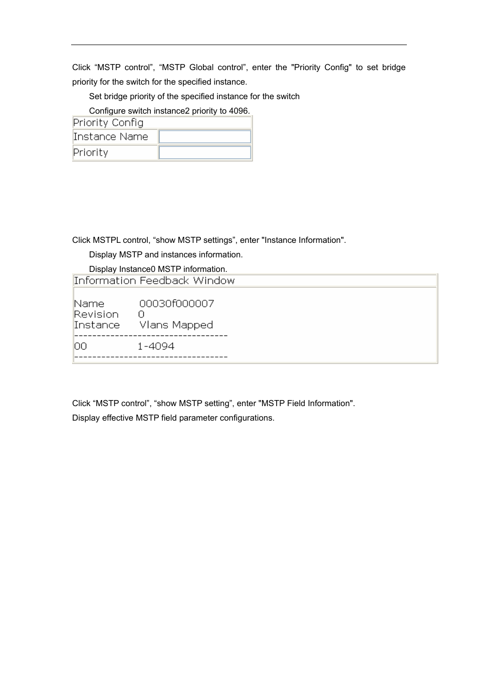 4 show mstp setting, 1 instance information, 2 mstp field information | Accton Technology ES4626 User Manual | Page 249 / 853