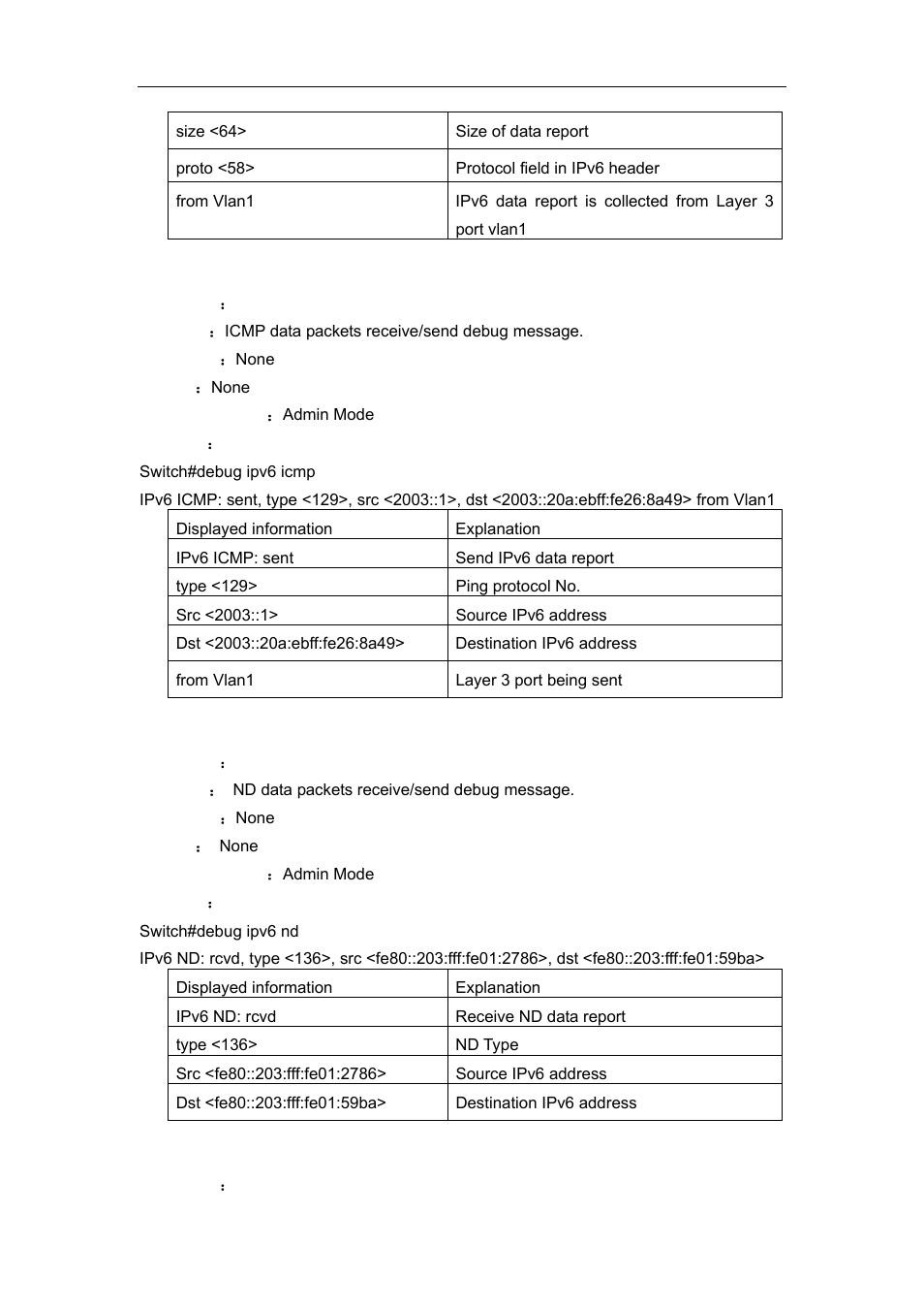 4 debug ipv6 icmp, 5 debug ipv6 nd, 6 debug ipv6 tunnel packet | Accton Technology ES4626 User Manual | Page 304 / 853