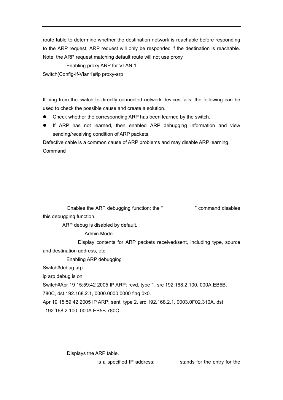 4 arp troubleshooting, 1 commands for monitor and debug, 1 debug arp | 2 show arp | Accton Technology ES4626 User Manual | Page 317 / 853