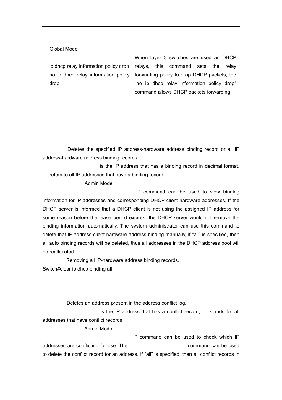 2 commands for dhcp relay configuration, 1 clear ip dhcp binding, 2 clear ip dhcp conflict | Accton Technology ES4626 User Manual | Page 332 / 853