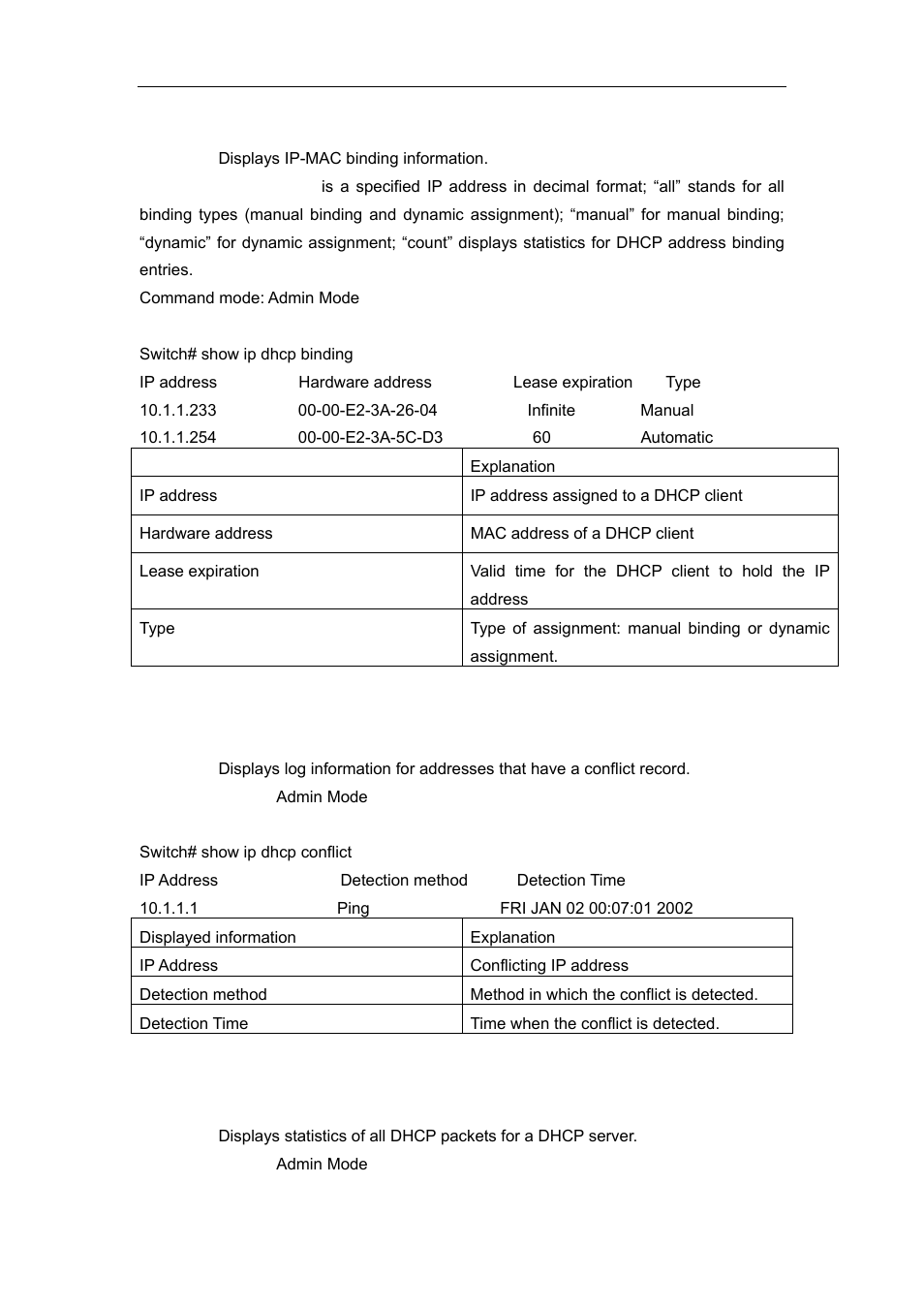 2 show ip dhcp conflict, 3 show ip dhcp server statistics | Accton Technology ES4626 User Manual | Page 338 / 853
