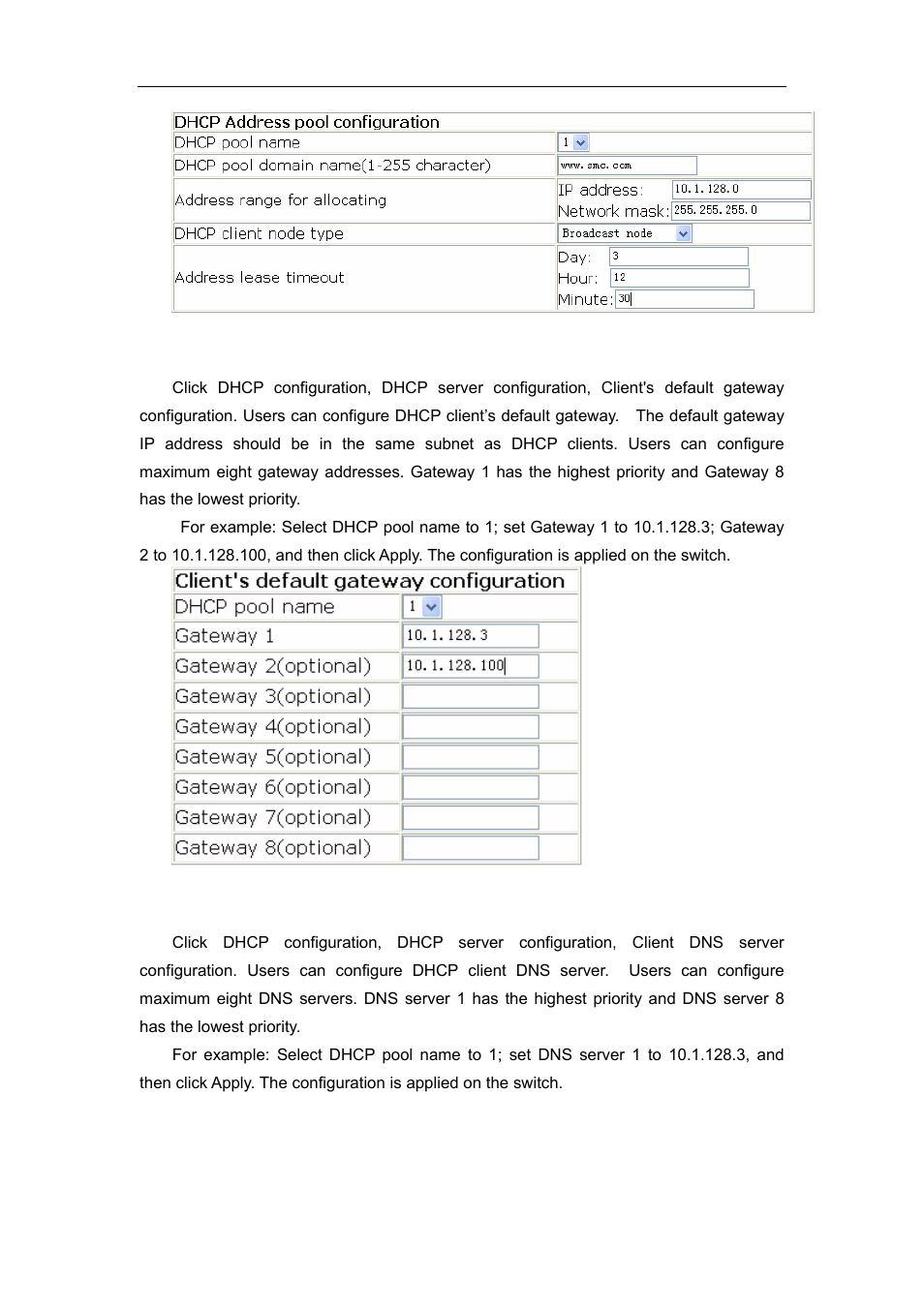 3 client's default gateway configuration, 4 client dns server configuration | Accton Technology ES4626 User Manual | Page 341 / 853