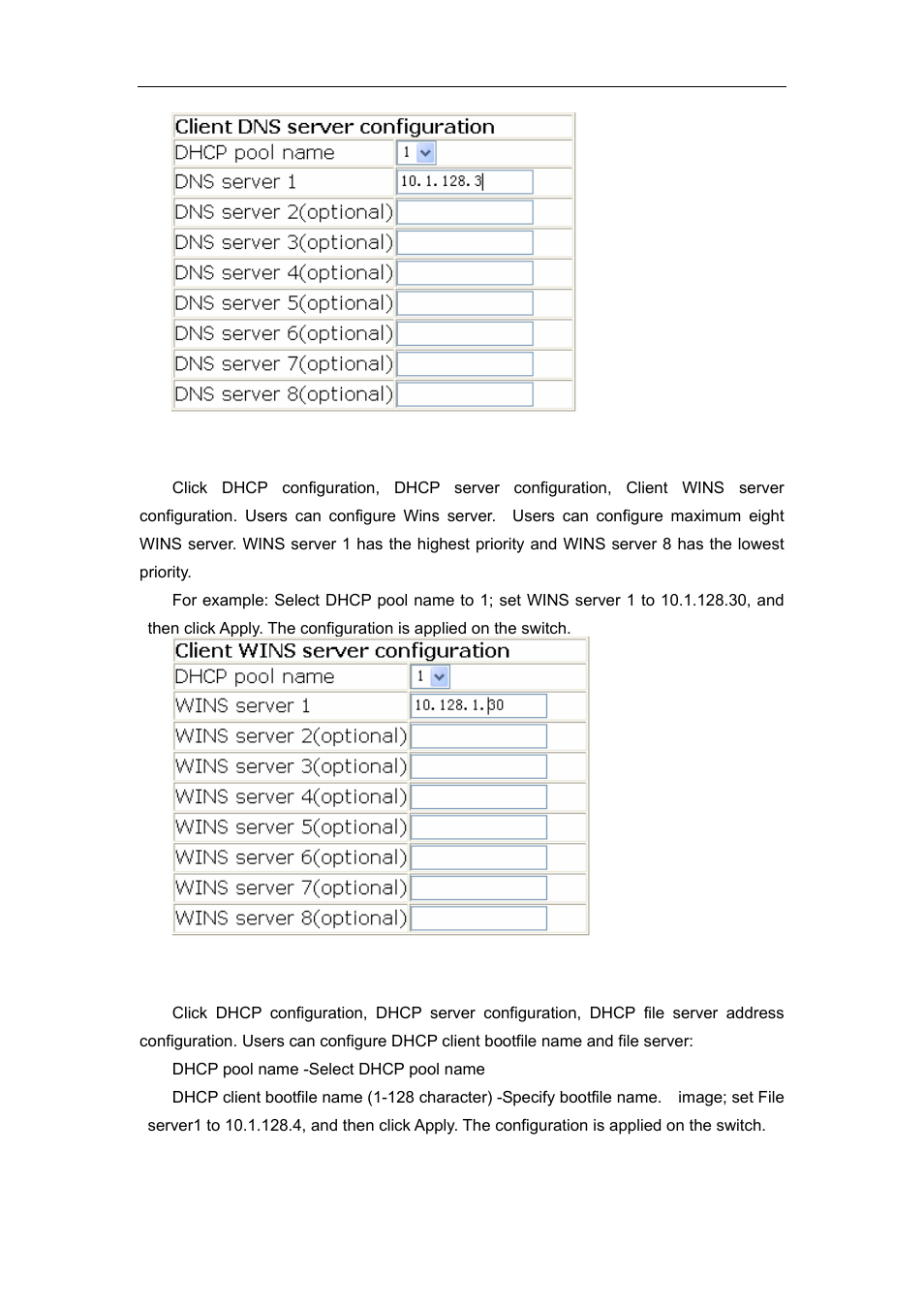 5 client wins server configuration, 6 dhcp file server address configuration | Accton Technology ES4626 User Manual | Page 342 / 853