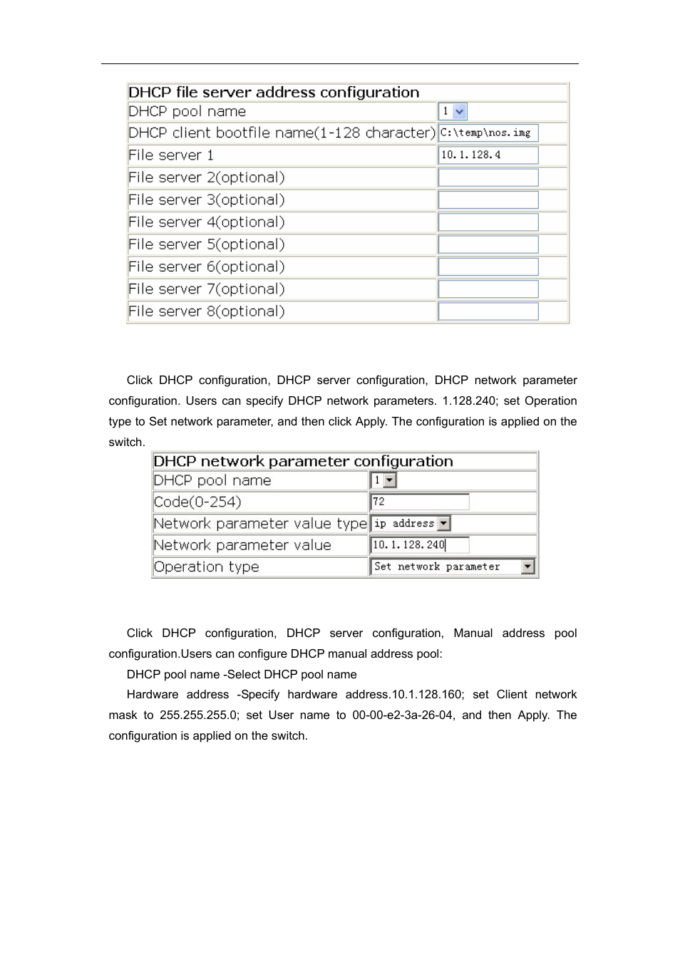 7 dhcp network parameter configuration, 8 manual address pool configuration | Accton Technology ES4626 User Manual | Page 343 / 853