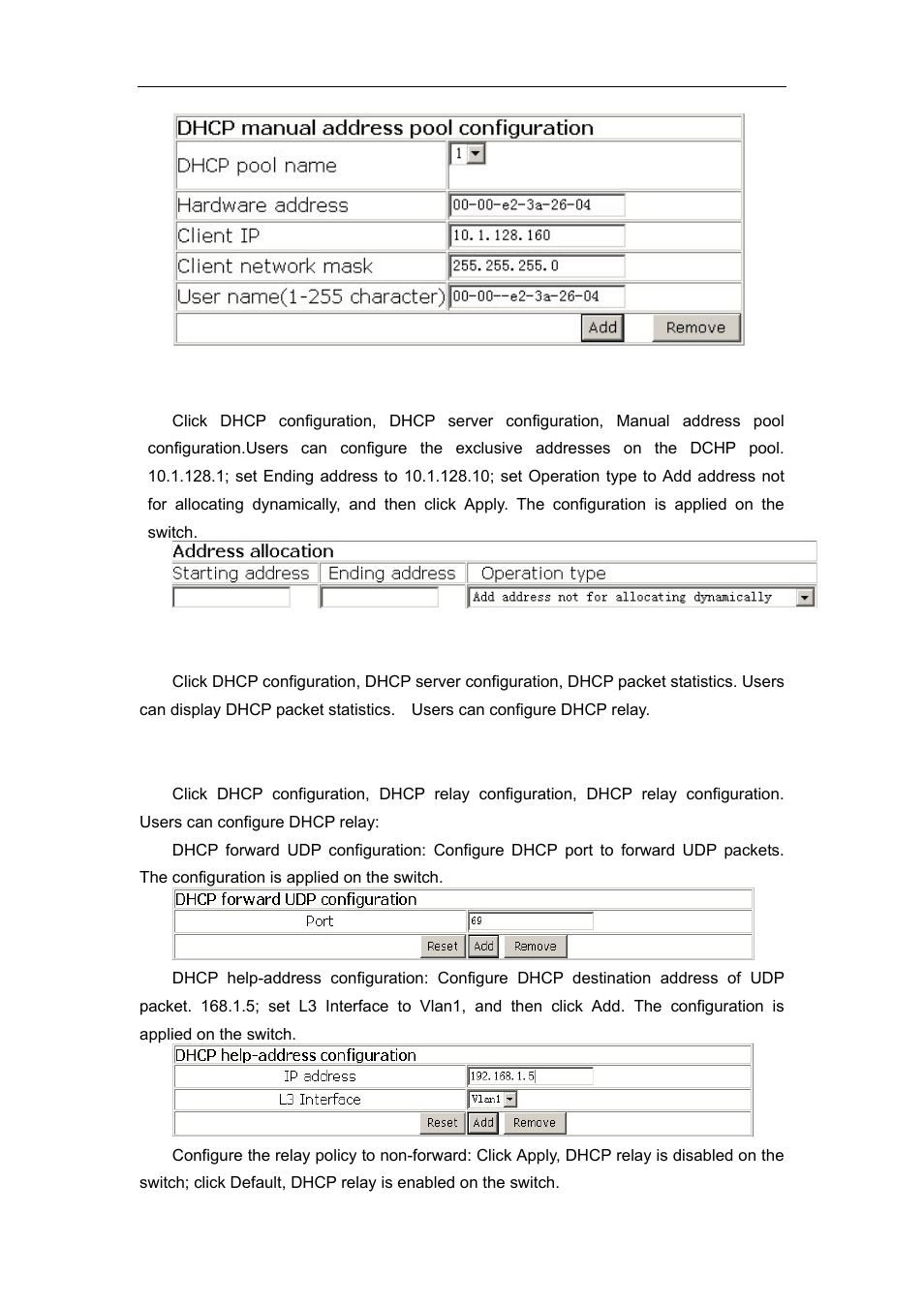 9 excluded address, 10 dhcp packet statistics, 11 dhcp relay configuration | Accton Technology ES4626 User Manual | Page 344 / 853