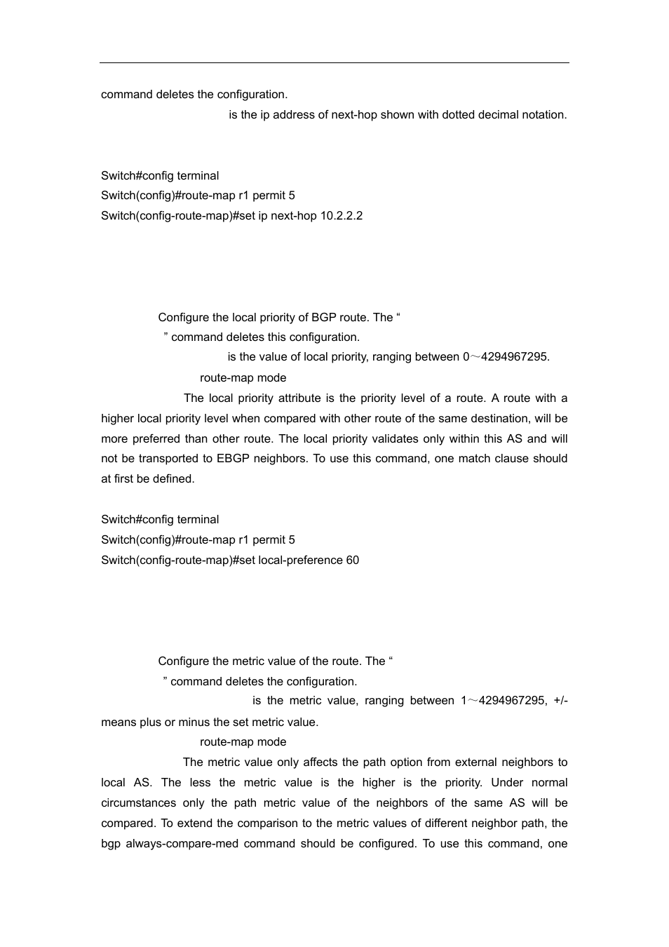 19 set local-preference, 20 set metric | Accton Technology ES4626 User Manual | Page 376 / 853