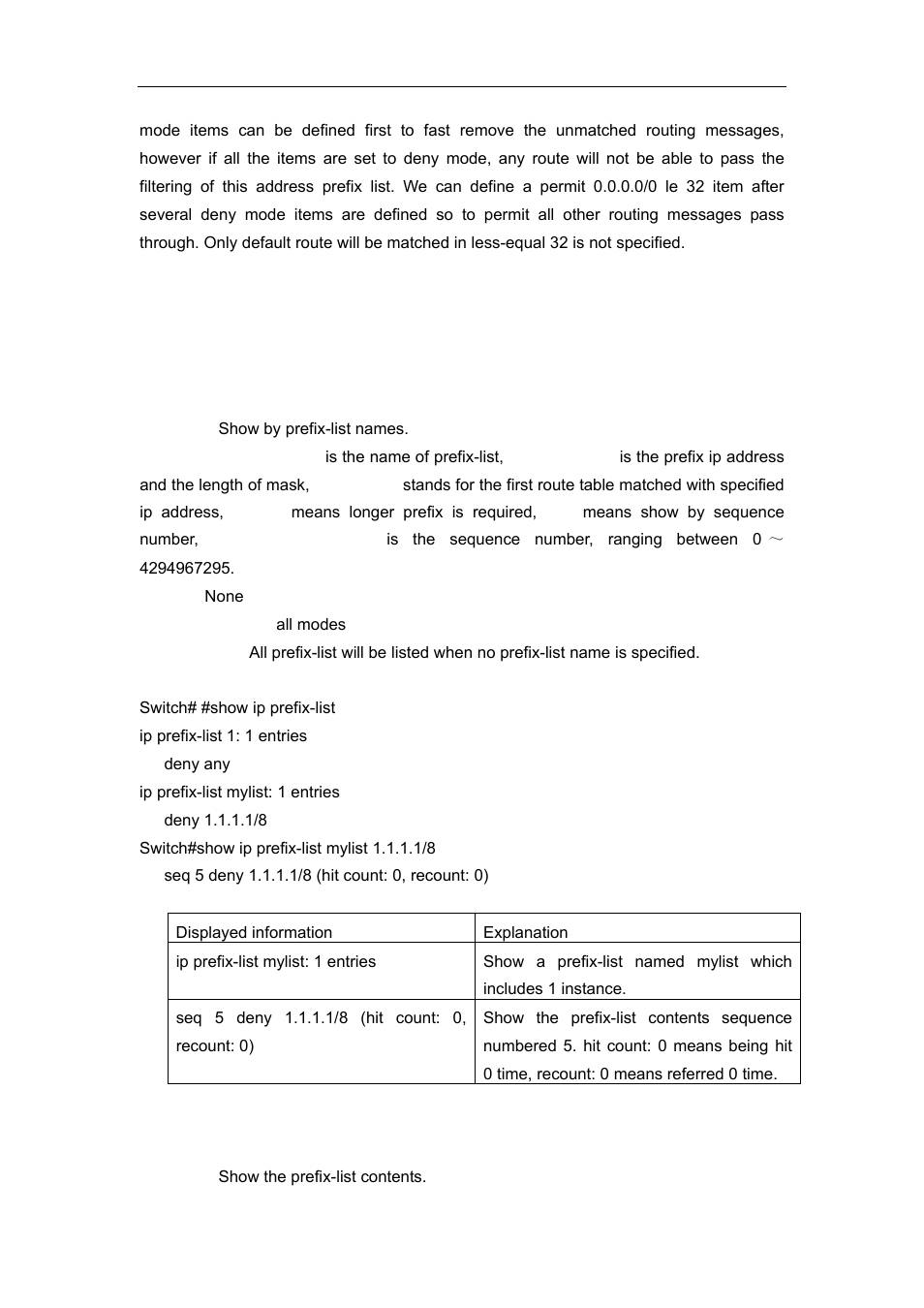 1 monitor and debug command, 1 show ip prefix-list <list-name, 2 show ip prefix-list <detail | summary | Accton Technology ES4626 User Manual | Page 381 / 853