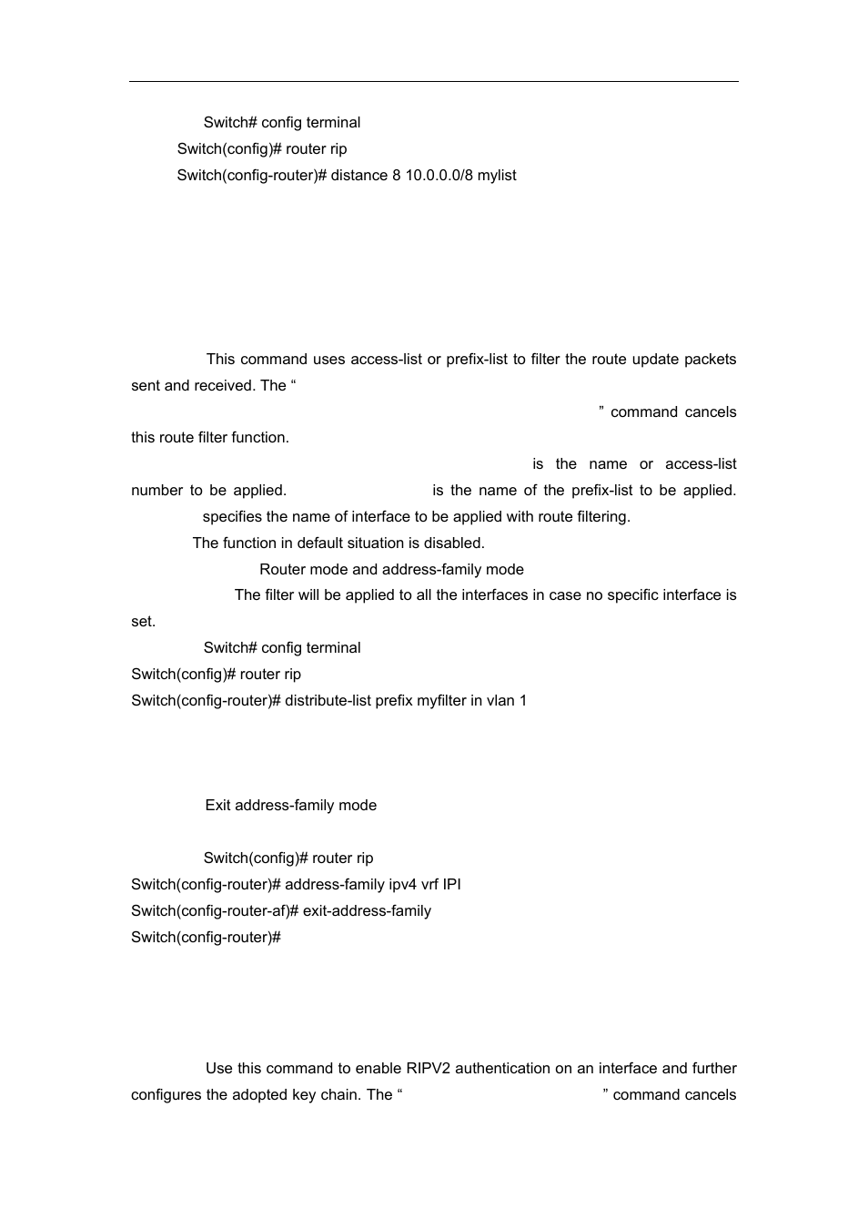 8 distribute-list, 9 exit-address-family, 10 ip rip authentication key | Accton Technology ES4626 User Manual | Page 401 / 853