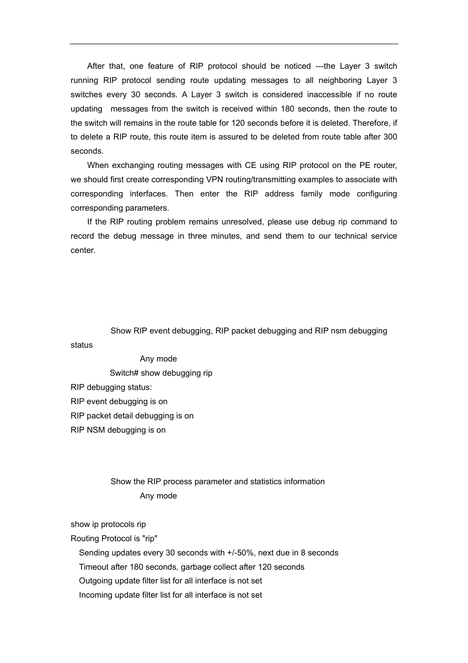 1 commands for monitor and debug, 1 show debugging rip, 2 show ip protocols rip | Accton Technology ES4626 User Manual | Page 416 / 853