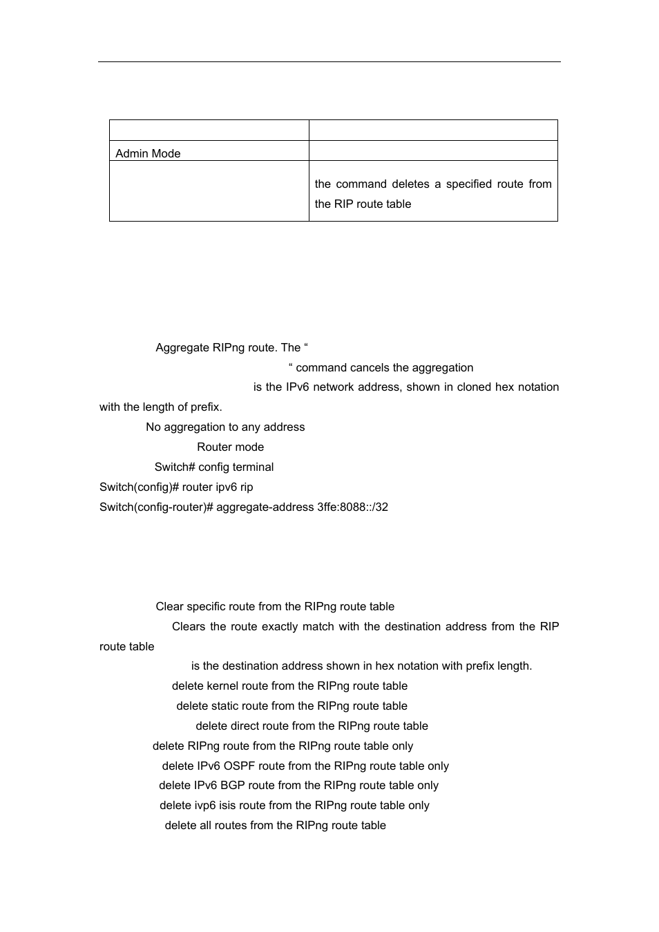 3 commands for ripng, 1 aggregate-address, 2 clear ipv6 route | Accton Technology ES4626 User Manual | Page 426 / 853