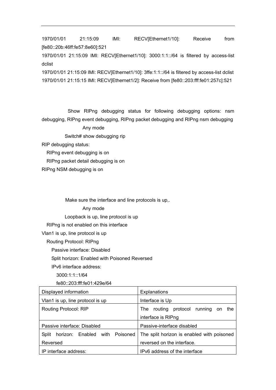 2 show debugging ipv6 rip, 3 show ipv6 rip interface | Accton Technology ES4626 User Manual | Page 434 / 853