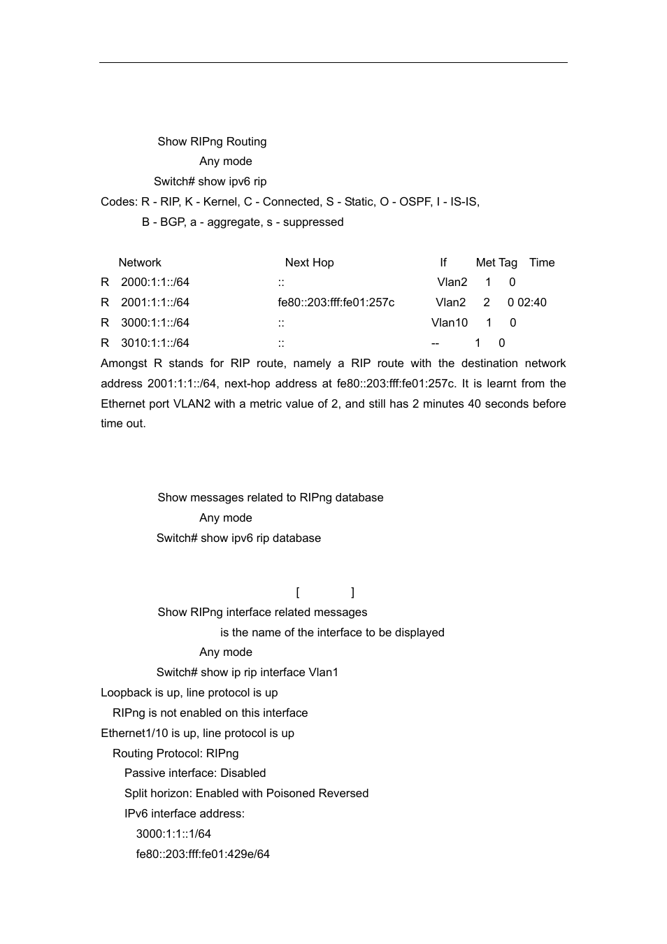 5 show ipv6 rip, 6 show ipv6 rip database, 7 show ipv6 rip interface | Accton Technology ES4626 User Manual | Page 436 / 853