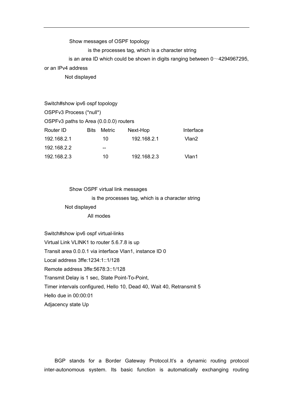 13 show ipv6 ospf virtual-links, 8 bgp, 1 bgp introduction | Accton Technology ES4626 User Manual | Page 510 / 853