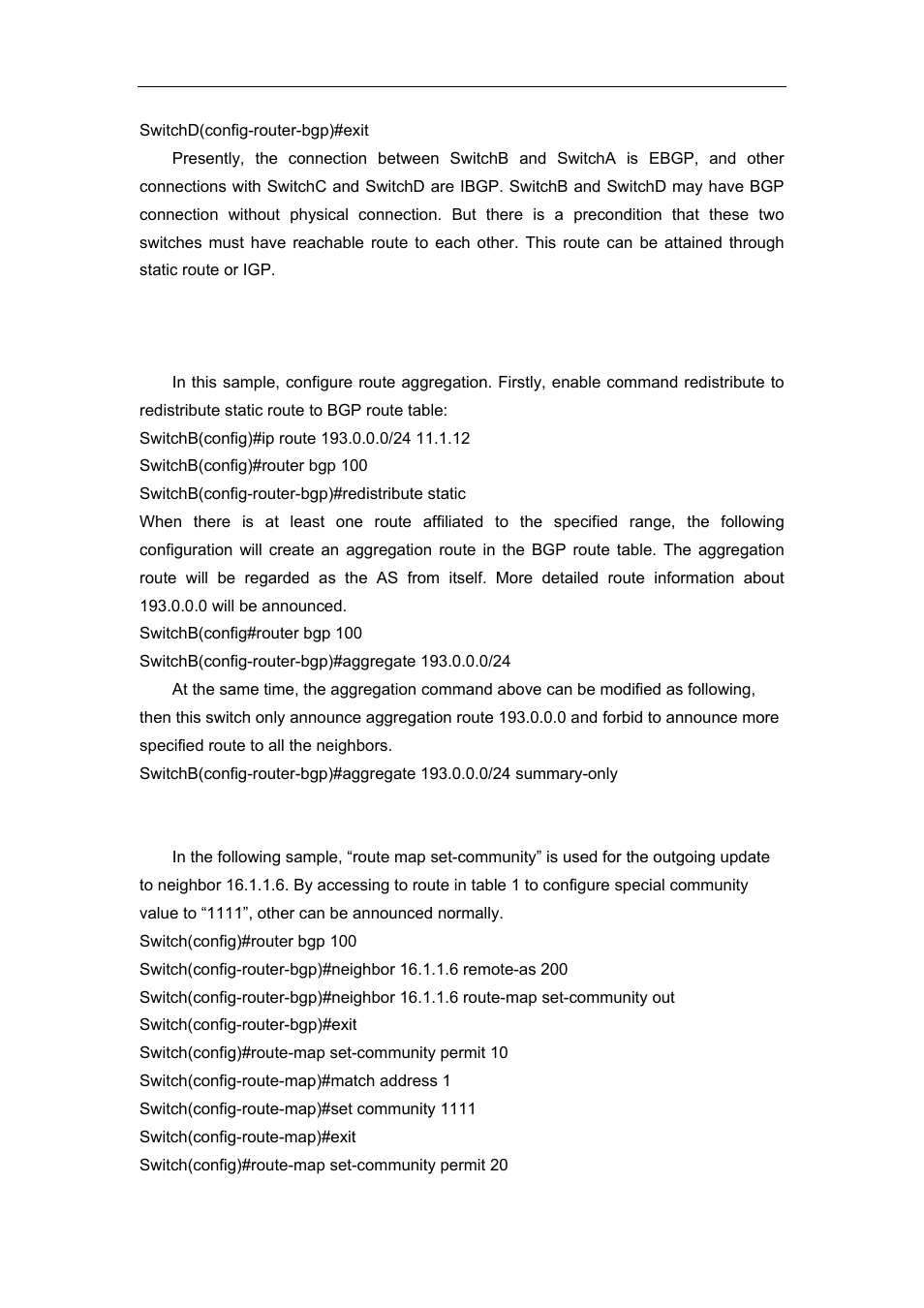 2 examples 2: configure bgp aggregation, 3 examples 3: configure bgp community attributes | Accton Technology ES4626 User Manual | Page 569 / 853
