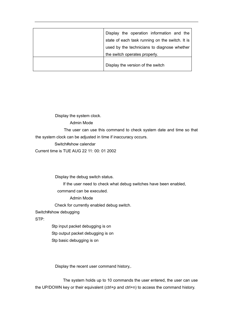 1 commands for show, 1 show calendar, 2 show debugging | 3 show history | Accton Technology ES4626 User Manual | Page 57 / 853
