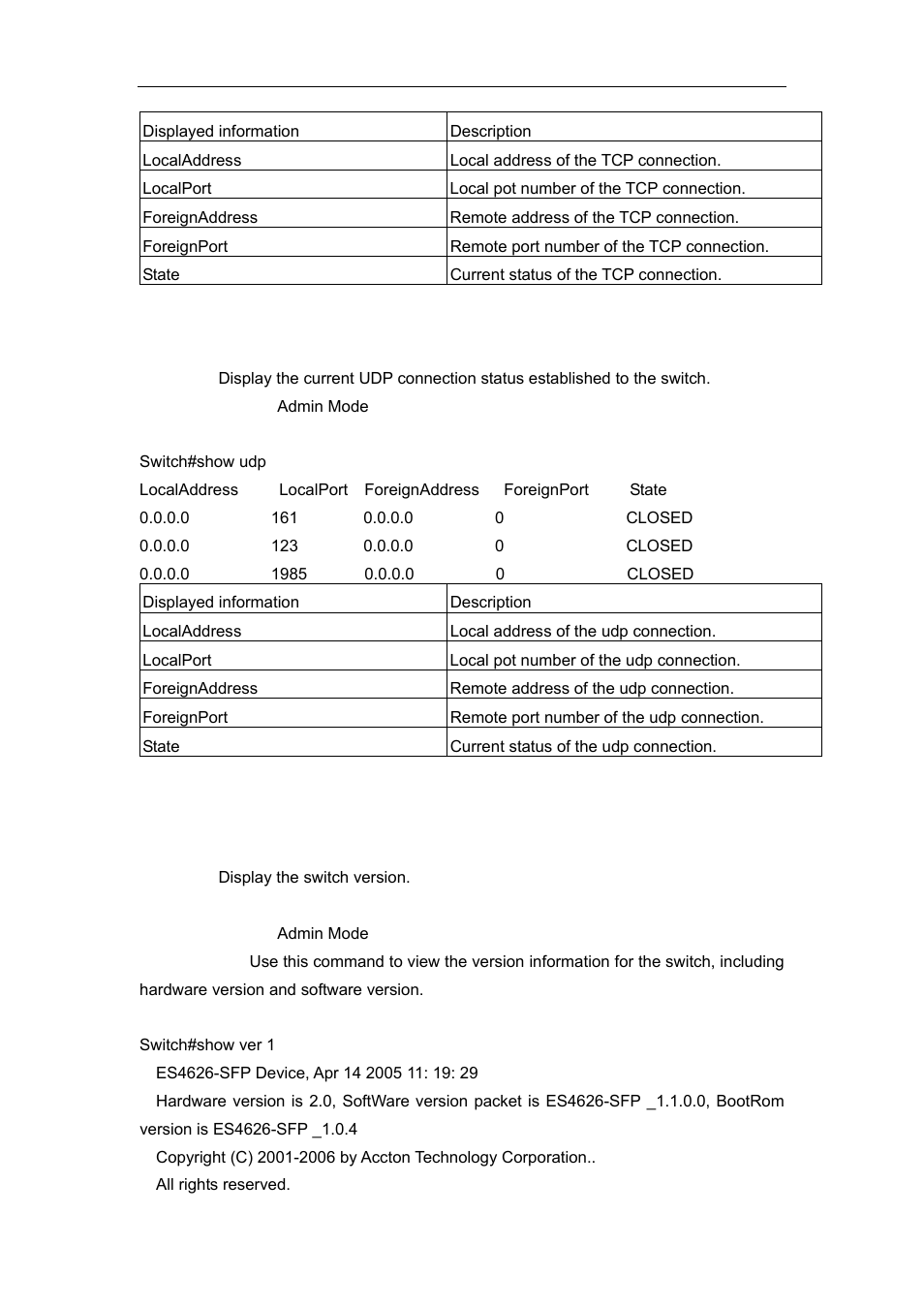 12 show udp, 13 show version | Accton Technology ES4626 User Manual | Page 61 / 853